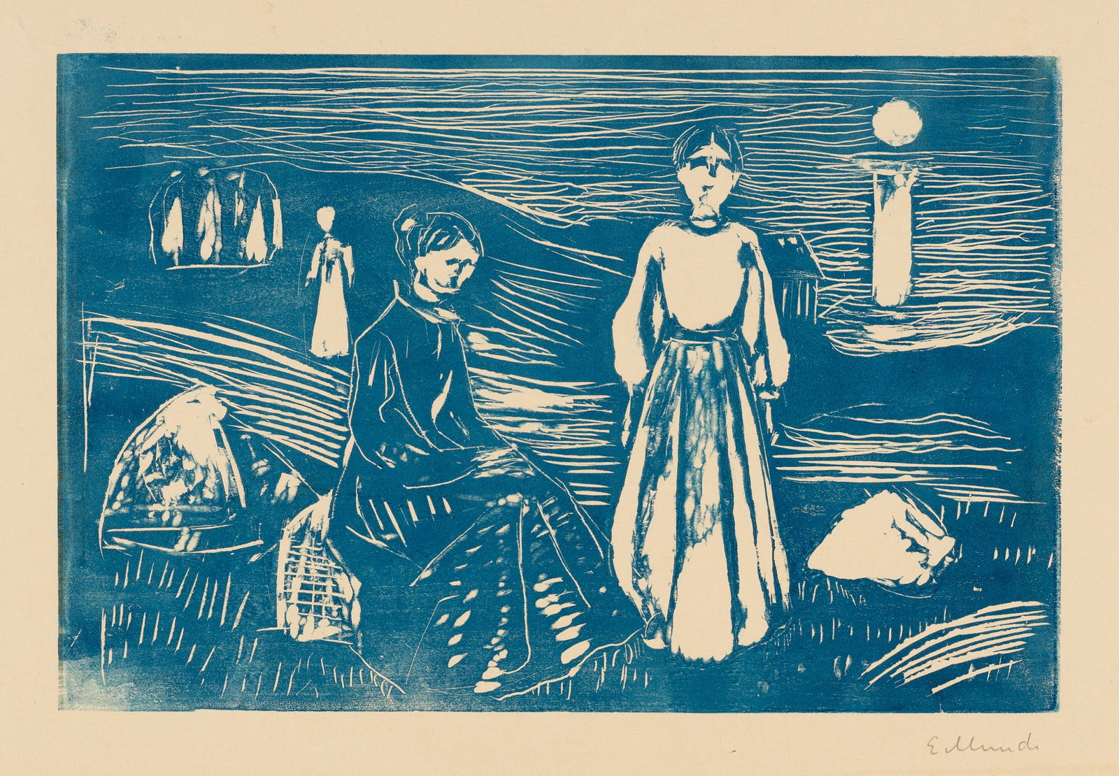 Edvard Munch (Løten 1863 - 1944 Oslo) Frauen am Strand - Women on the Beach: Edvard Munch (Løten 1863 - 1944 Oslo) Frauen am Strand - Women on the Beach 1908 Colour woodcut on sturdy, cream-coloured wove paper 21.7x33 cm, wood-block; 45.7x64.2 cm, sheet size Signature Low