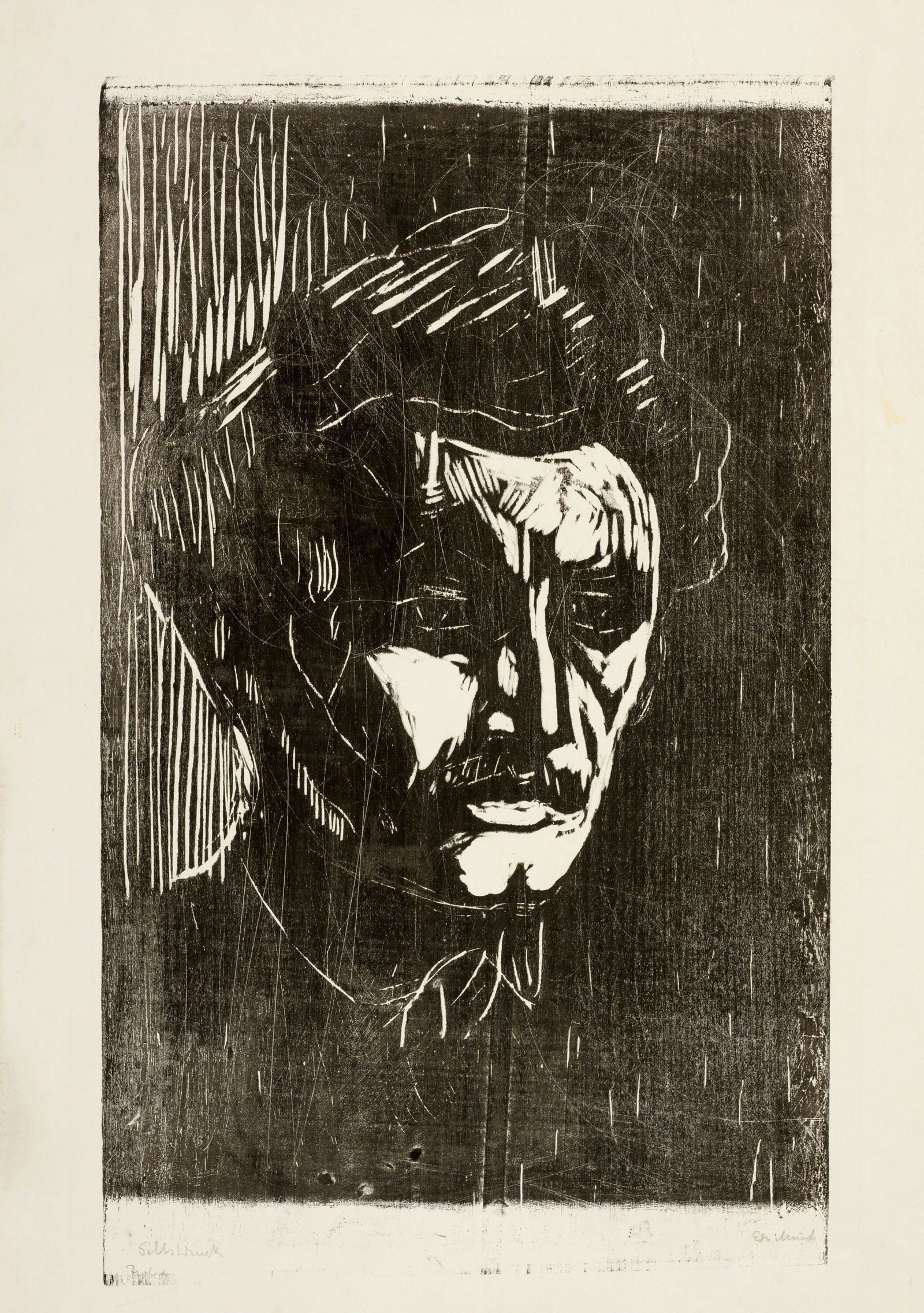 Edvard Munch (Løten 1863 - 1944 Oslo) Selbstbildnis - Self-Portrait: Edvard Munch (Løten 1863 - 1944 Oslo) Selbstbildnis - Self-Portrait 1911-1912 Woodcut on smooth paper 56.5x34.2 cm, wood-block; 64.5x47.4 cm, sheet size Signature Lower right signed by the artist