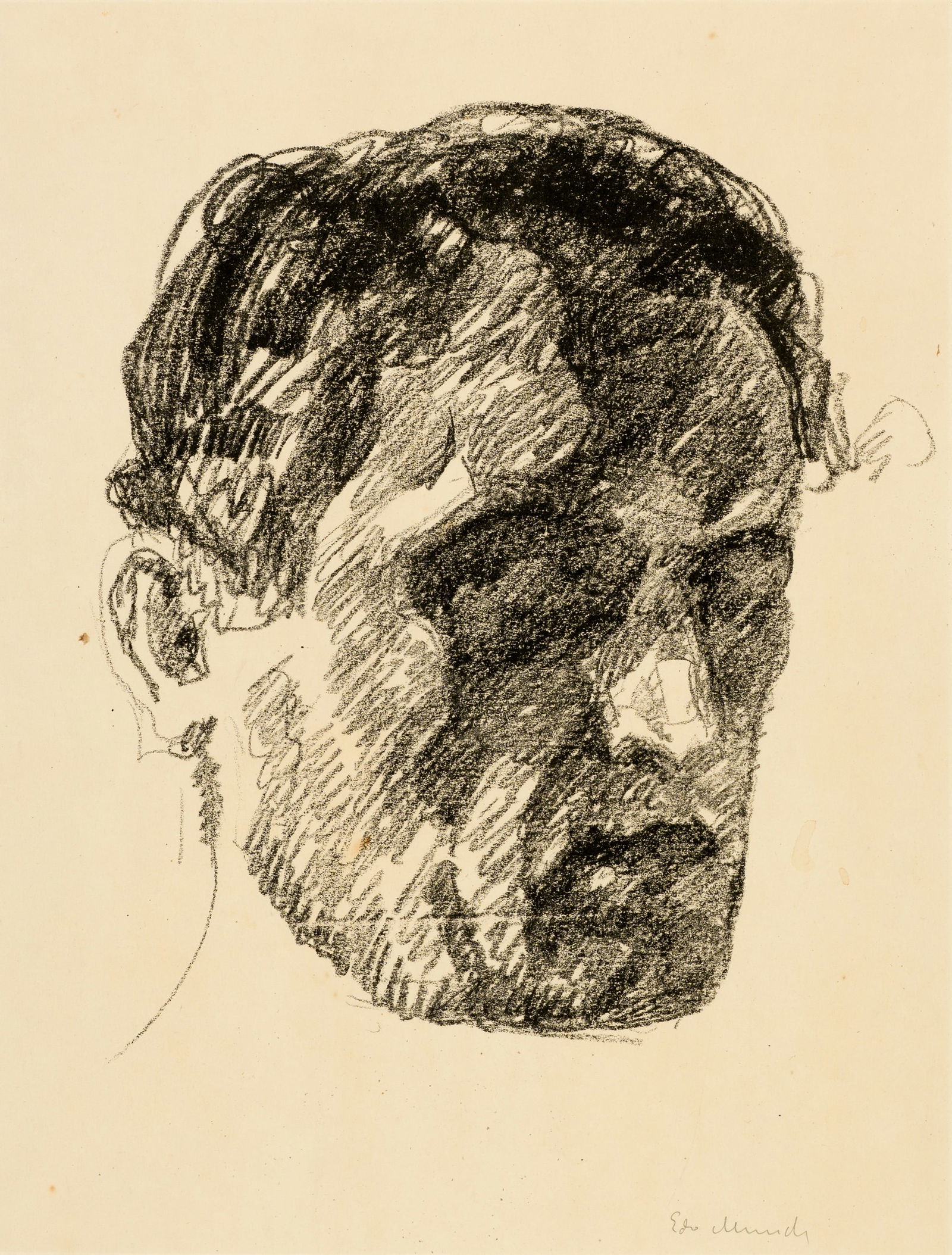 Edvard Munch (Løten 1863 - 1944 Oslo) Selbstbildnis im Schatten - Self-Portrait in Shadow: Edvard Munch (Løten 1863 - 1944 Oslo) Selbstbildnis im Schatten - Self-Portrait in Shadow 1912 Lithograph on wove paper 30x28 cm, image size; 64.5x49 cm, sheet size Signature Lower right signed b