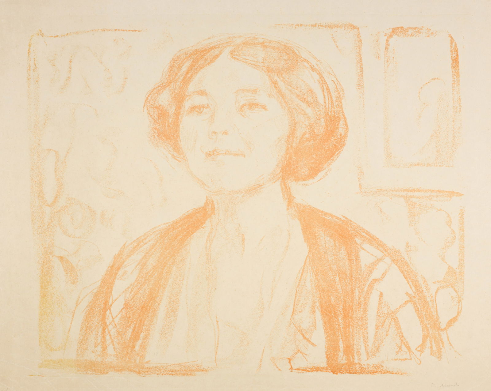 Edvard Munch (Løten 1863 - 1944 Oslo) Cally Monrad: Edvard Munch (Løten 1863 - 1944 Oslo) Cally Monrad 1912 Colour lithograph in brown-orange on strong, cream-coloured wove paper 48x58.5 cm, image; 55.3x73.4 cm, sheet size Signature Lower right si