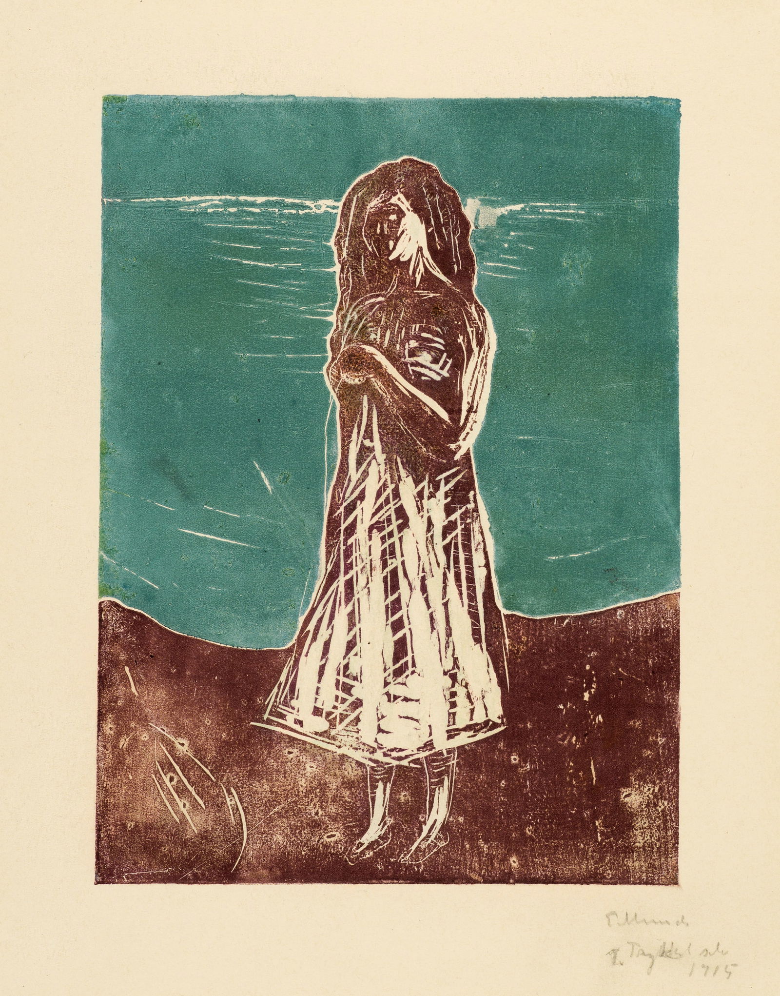 Edvard Munch (Løten 1863 - 1944 Oslo) Junge Frau am Strande - Young Woman on the Beach: Edvard Munch (Løten 1863 - 1944 Oslo) Junge Frau am Strande - Young Woman on the Beach 1912 Colour woodcut on strong wove paper 29.5x21.8 cm, wood-block; 62.4x47 cm, sheet size Signature Below th