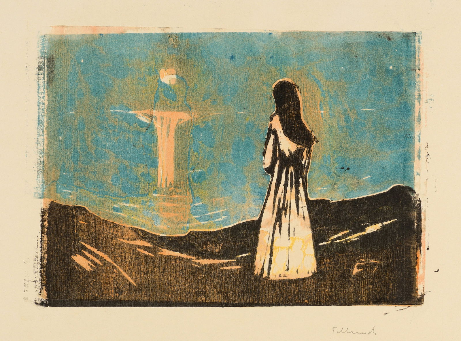 Edvard Munch (Løten 1863 - 1944 Oslo) Mondschein am Meer - Moonlight by the Sea: Edvard Munch (Løten 1863 - 1944 Oslo) Mondschein am Meer - Moonlight by the Sea 1912 Colour woodcut on strong, smooth wove paper 18.7x26.7 cm, wood-block; 46x63.5 cm, sheet size Signature Below t