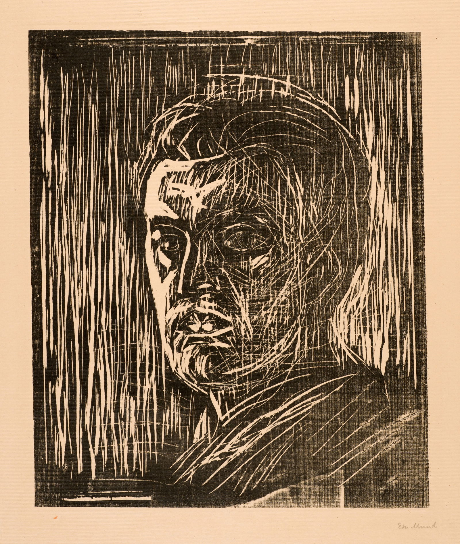 Edvard Munch (Løten 1863 - 1944 Oslo) Selbstbildnis nach links - Self-Portrait Facing Left: Edvard Munch (Løten 1863 - 1944 Oslo) Selbstbildnis nach links - Self-Portrait Facing Left 1912-1913 Woodcut on beige, ribbed paper 43x35.6 cm, wood-block; 59.3x44 cm, sheet size Signature Lower