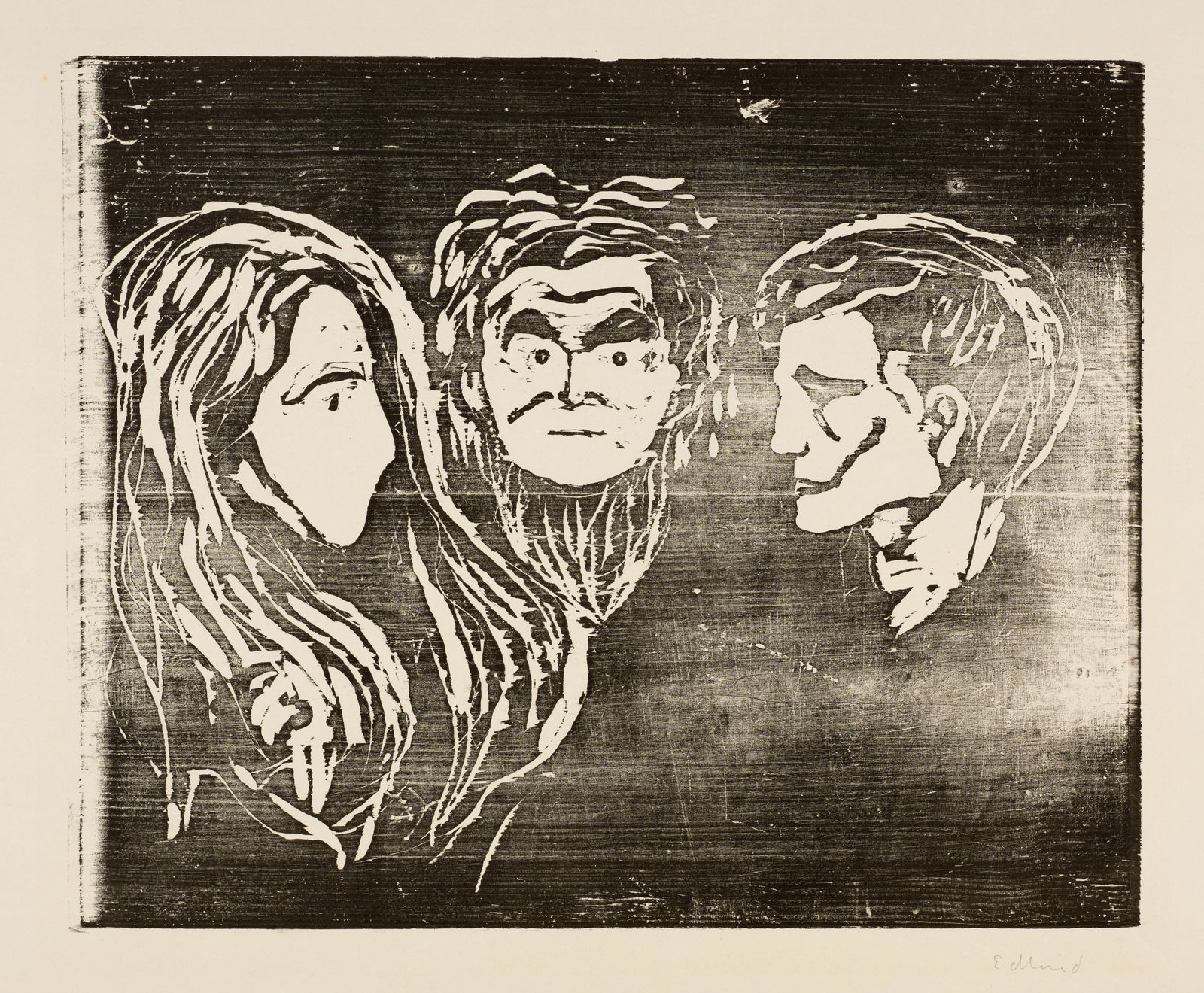 Edvard Munch (Løten 1863 - 1944 Oslo) Drei Gesichter. Tragödie - Three Faces. Tragedy: Edvard Munch (Løten 1863 - 1944 Oslo) Drei Gesichter. Tragödie - Three Faces. Tragedy 1913 Woodcut on heavy wove paper 36x44 cm, wood-block; 46.5x58.7 cm, sheet size Signature Lower right si