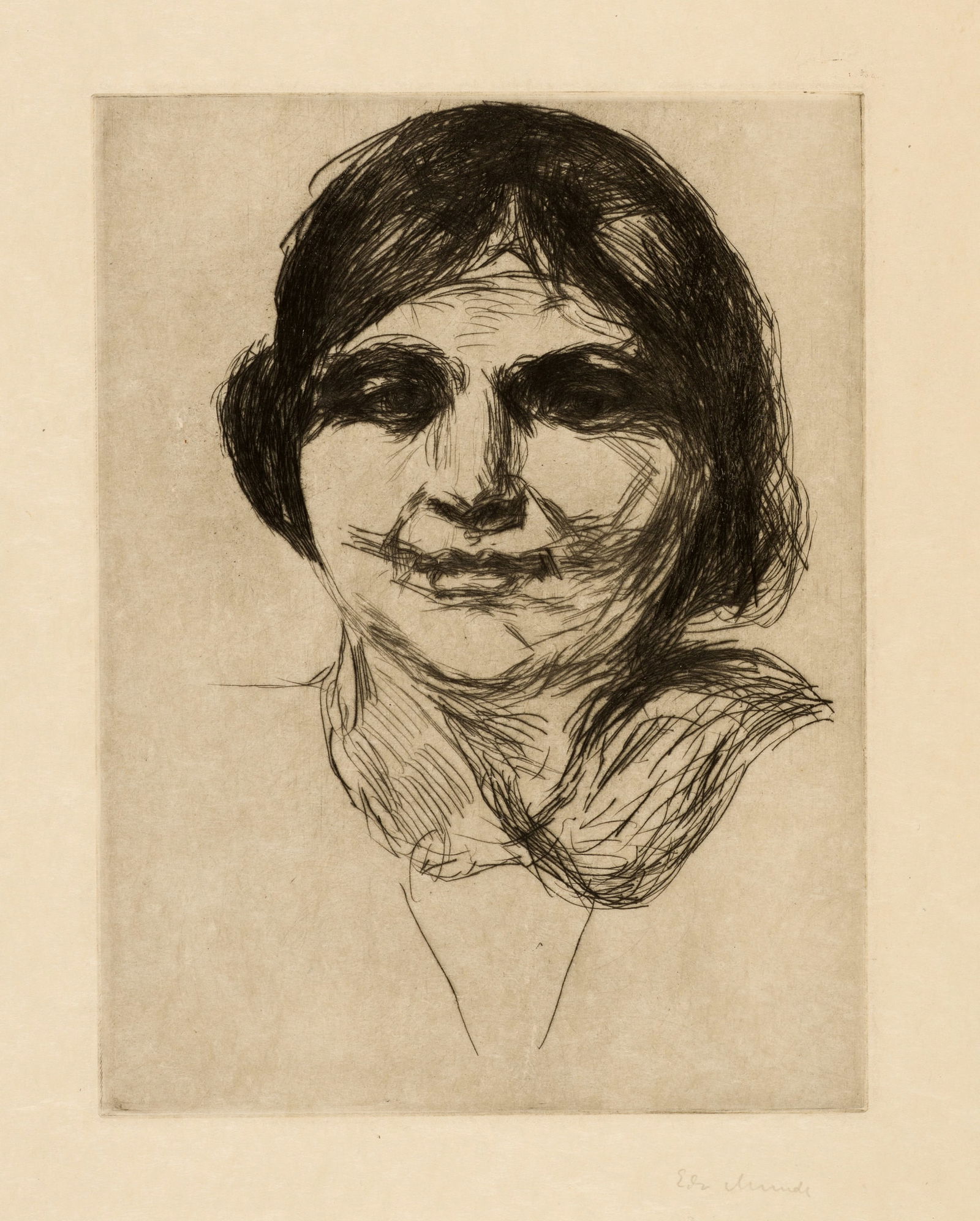 Edvard Munch (Løten 1863 - 1944 Oslo) Celline ohne Hut - Celline without Hat: Edvard Munch (Løten 1863 - 1944 Oslo) Celline ohne Hut - Celline without Hat 1914 Drypoint on Japan paper 26.7x20.2 cm, platemark; 45.5x32.3 cm, sheet size Signature Lower right signed by the art