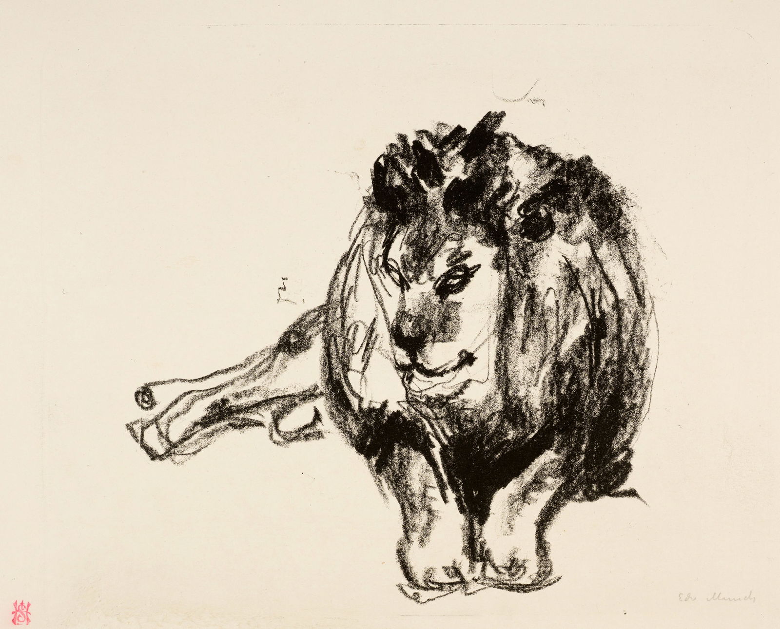 Edvard Munch (Løten 1863 - 1944 Oslo) Liegender Löwe - Lion Lying Down: Edvard Munch (Løten 1863 - 1944 Oslo) Liegender Löwe - Lion Lying Down 1915 Lithograph on cream wove paper 25.8x28 cm, image; 35.2x43.8 cm, sheet size Signature Lower right signed by the art