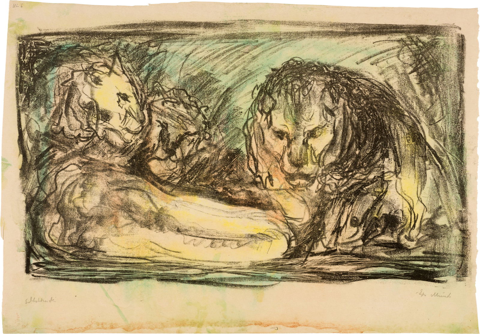 Edvard Munch (Løten 1863 - 1944 Oslo) Drei Löwen - Three Lions: Edvard Munch (Løten 1863 - 1944 Oslo) Drei Löwen - Three Lions 1916 Lithograph, water-coloured, on yellowish ribbed paper 28.5x48 cm, image size; 34.5x50 cm, sheet size Signature Lower right