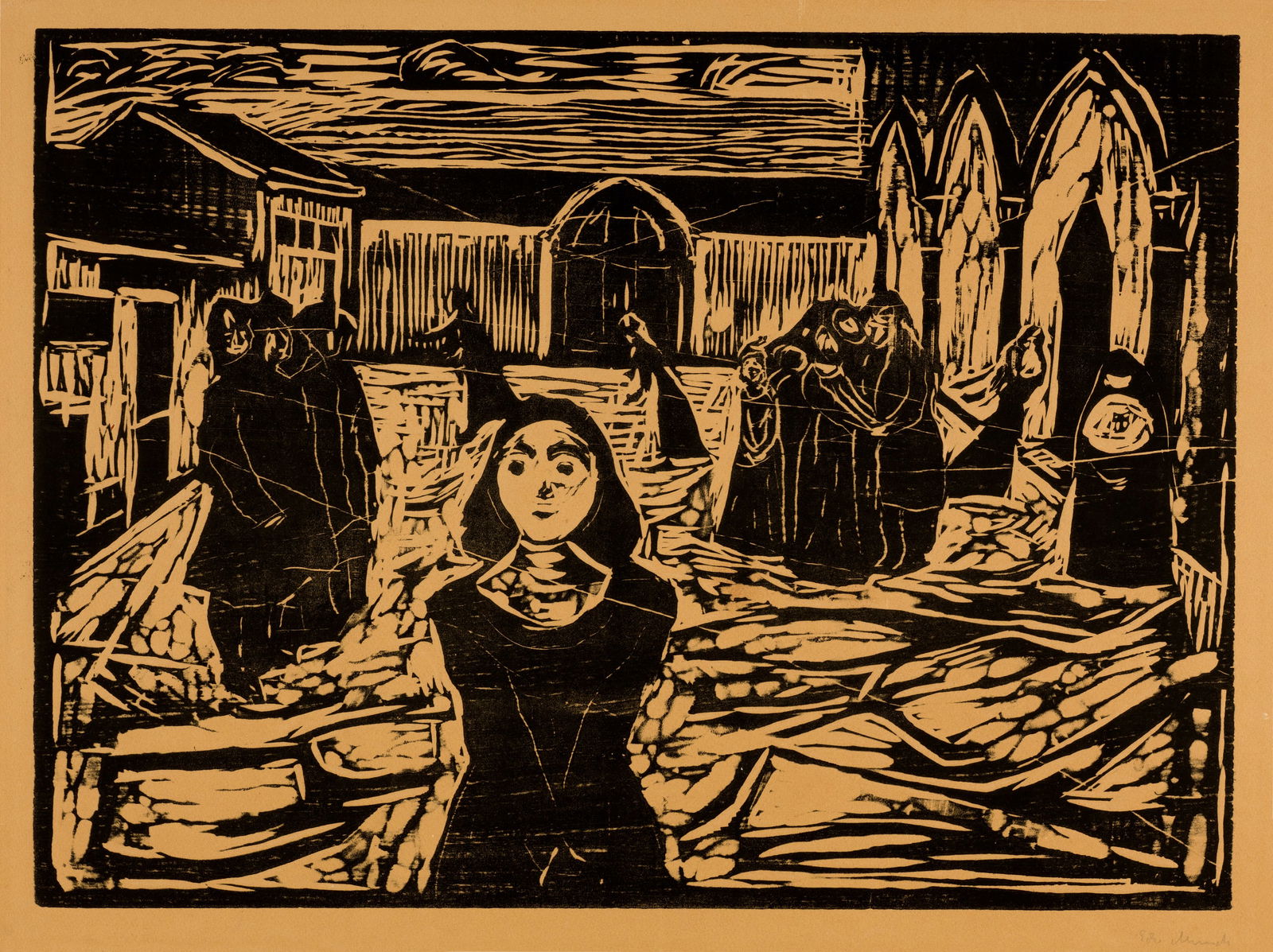 Edvard Munch (Løten 1863 - 1944 Oslo) Die Kronprätendenten: Die letzte Stunde - The: Edvard Munch (Løten 1863 - 1944 Oslo) Die Kronprätendenten: Die letzte Stunde - The Pretenders: The Last Hour 1917 Woodcut on strong beige wove paper 42.5x58 cm, wood-block; 60.8x75.2 cm, sh