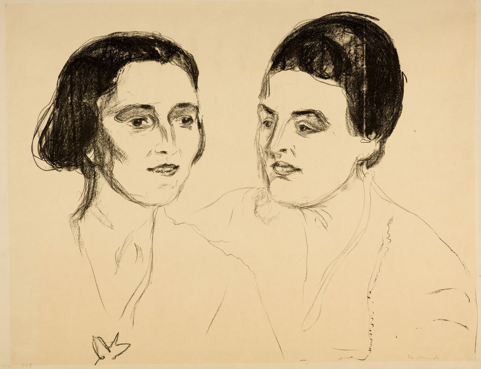Edvard Munch (Løten 1863 - 1944 Oslo) Louise und Else Heyerdahl: Edvard Munch (Løten 1863 - 1944 Oslo) Louise und Else Heyerdahl 1920 Lithograph on cream wove paper 47x59 cm, image; 50x64.7 cm, sheet size Signature Lower right signed by the artist in pencil 'E
