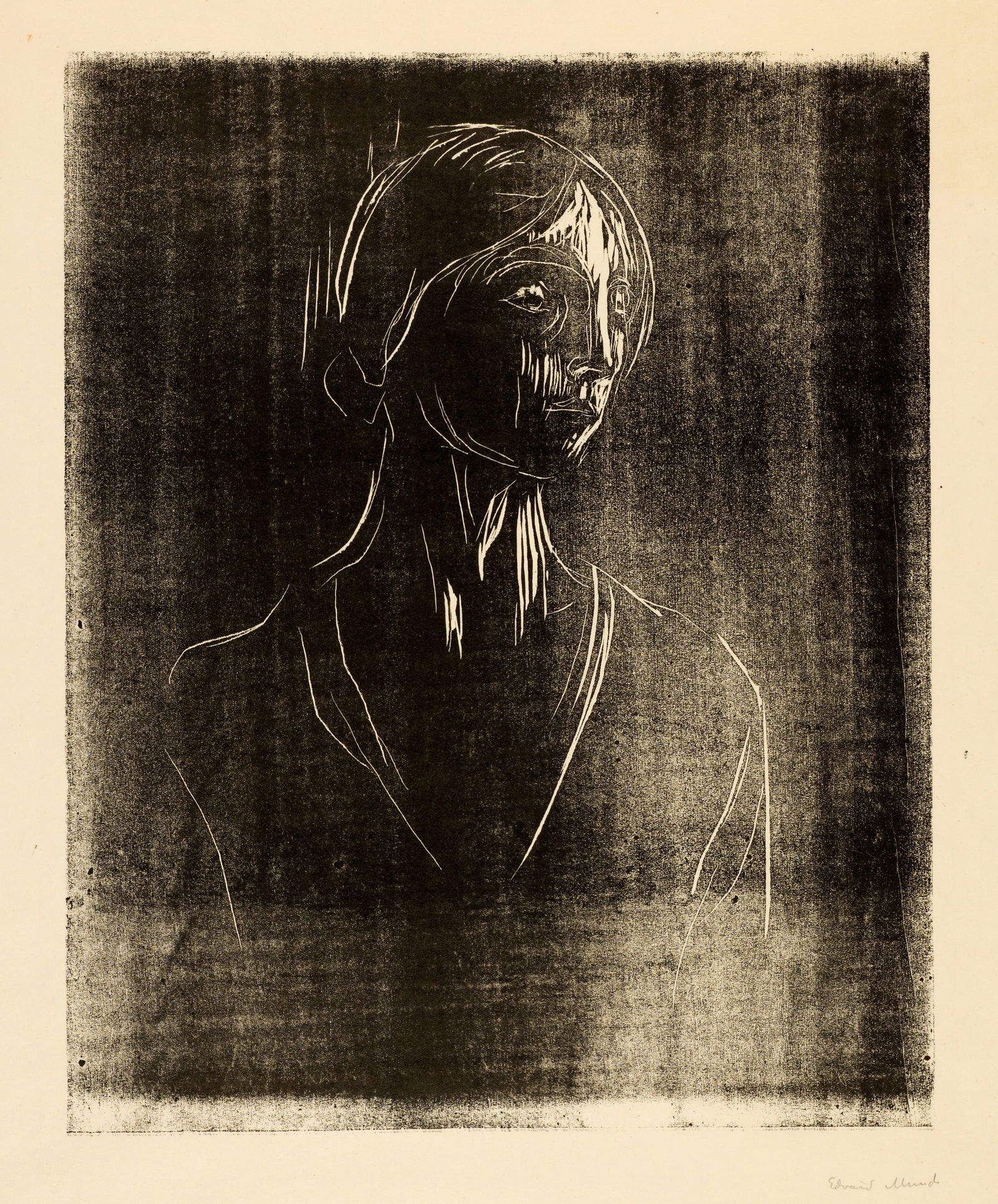 Edvard Munch (Løten 1863 - 1944 Oslo) Brigitte I: Edvard Munch (Løten 1863 - 1944 Oslo) Brigitte I 1930 Woodcut on cream wove paper 40.7x32.8 cm, wood block; 62.5x46.5 cm, sheet size Signature Lower right signed by the artist in pencil 'Edvard M