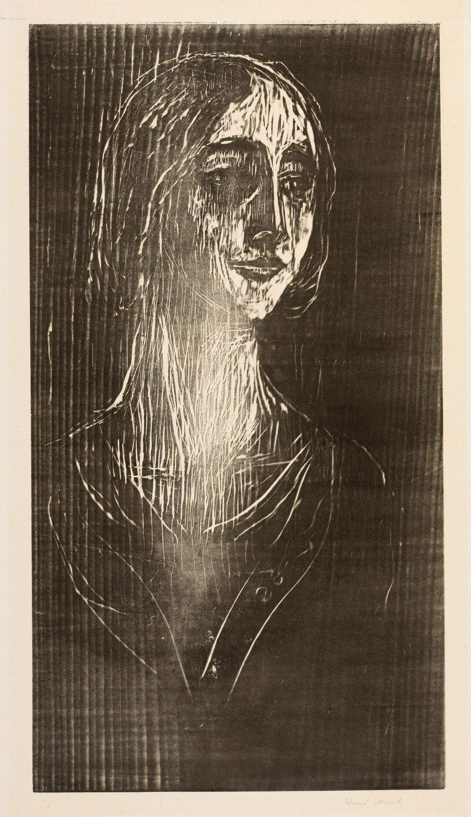 Edvard Munch (Løten 1863 - 1944 Oslo) Brigitte III - The Gothic Girl: Edvard Munch (Løten 1863 - 1944 Oslo) Brigitte III - The Gothic Girl 1930 Woodcut 59.9x32.3 cm, wood block; 67.8x41.1 cm, sheet size Signature Lower right signed by the artist in pencil 'Edvard M