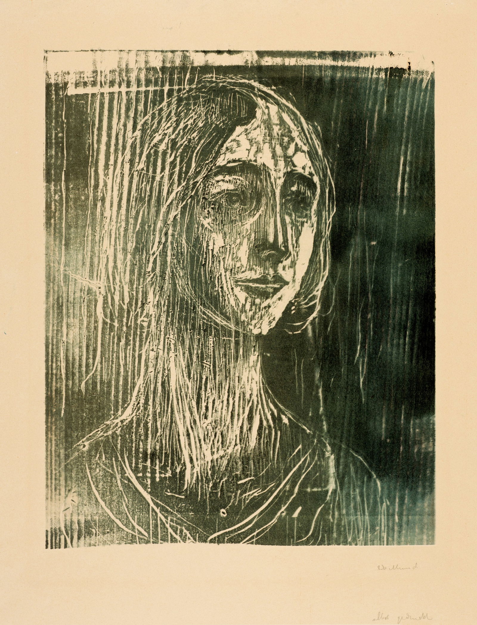 Edvard Munch (Løten 1863 - 1944 Oslo) Brigitte III: Edvard Munch (Løten 1863 - 1944 Oslo) Brigitte III 1930 Colour woodcut on wove paper 40.4x31.8 cm, wood block; 61.3x47.6 cm, sheet size Signature Lower right signed by the artist in pencil 'Edv M