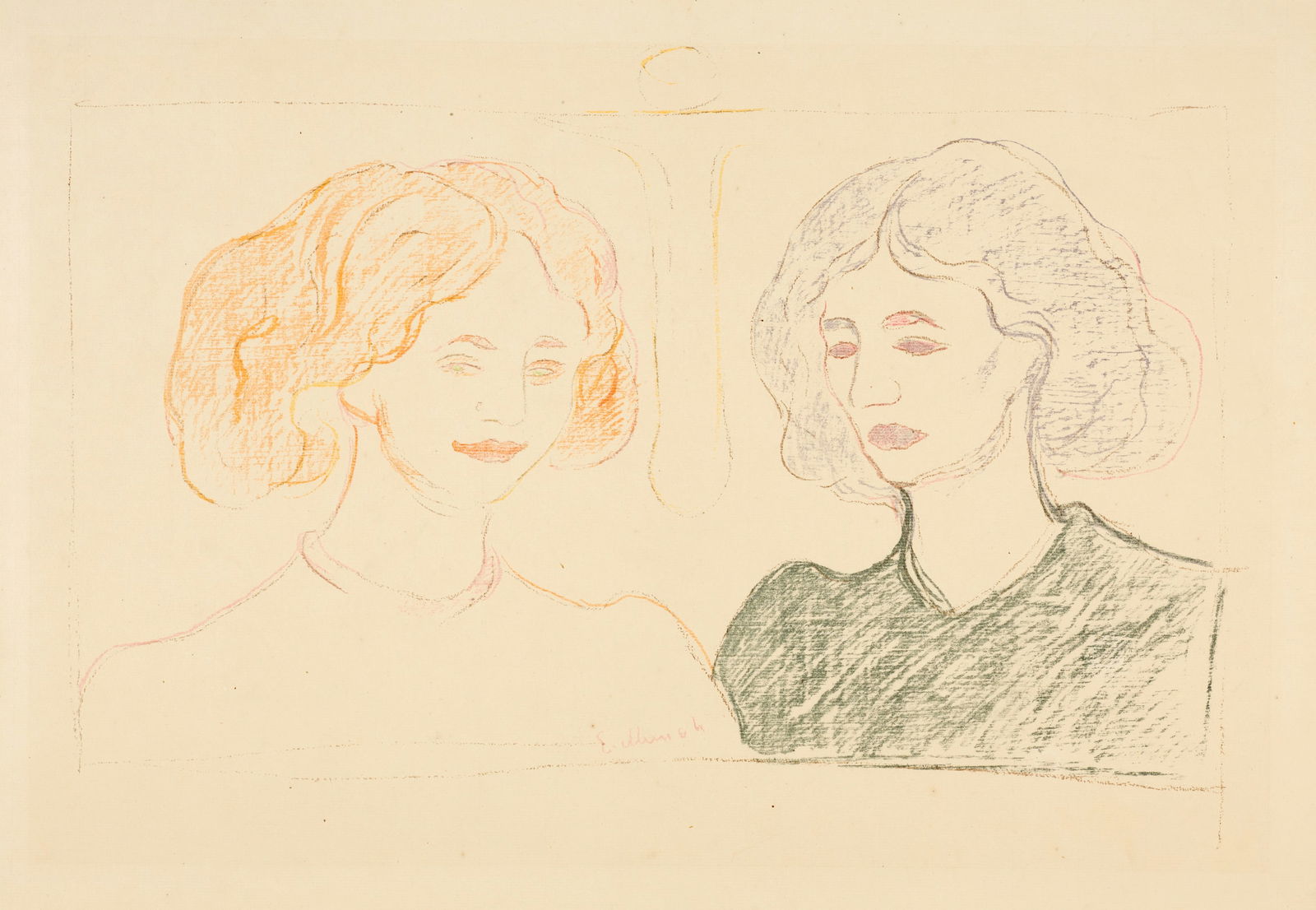 Edvard Munch (Løten 1863 - 1944 Oslo) Two Female Heads Against the Moon: Edvard Munch (Løten 1863 - 1944 Oslo) Two Female Heads Against the Moon 1913 Colour lithograph on wove paper with 'MBM (France)' watermark 32.7x48.3 cm, image; 47x63.5 cm, sheet size Signature Lo