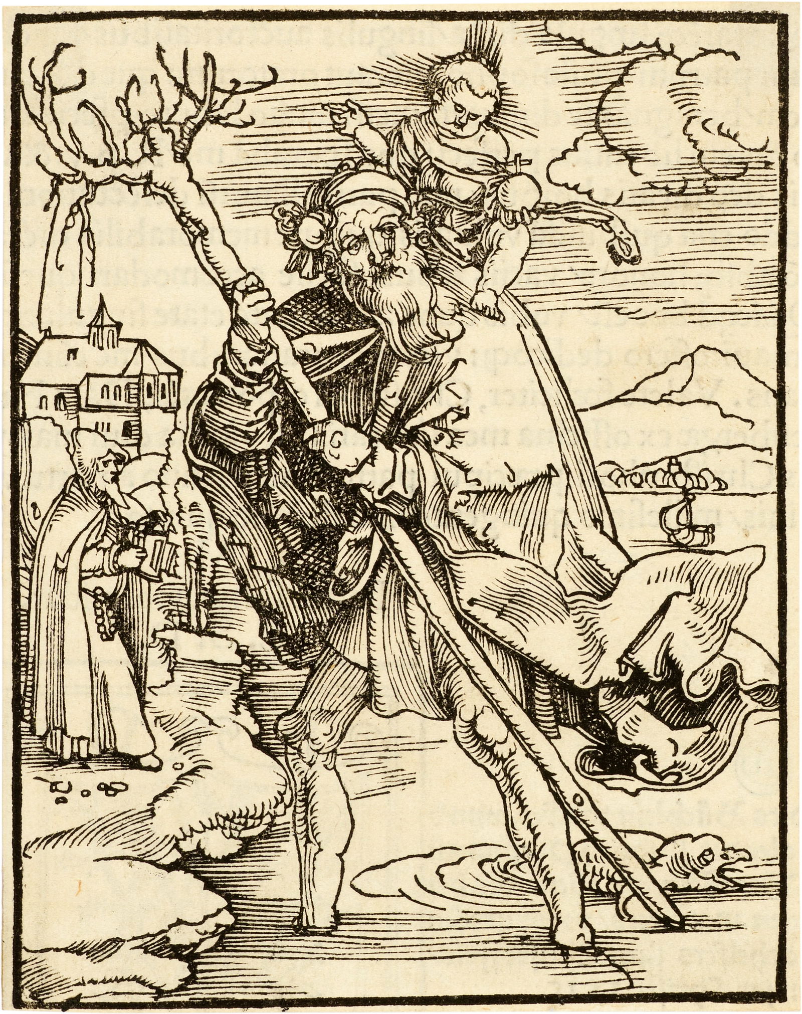 Hans Baldung Grien (Weyersheim um 1480 - 1545 Strassburg) Der heilige Christophorus: Hans Baldung Grien (Weyersheim um 1480 - 1545 Strassburg) Der heilige Christophorus Circa 1505/07 or 1515 Woodcut on laid paper 12.9x10.2 cm, sheet size Catalogue Raisonné Hollstein 117 Karlsruhe