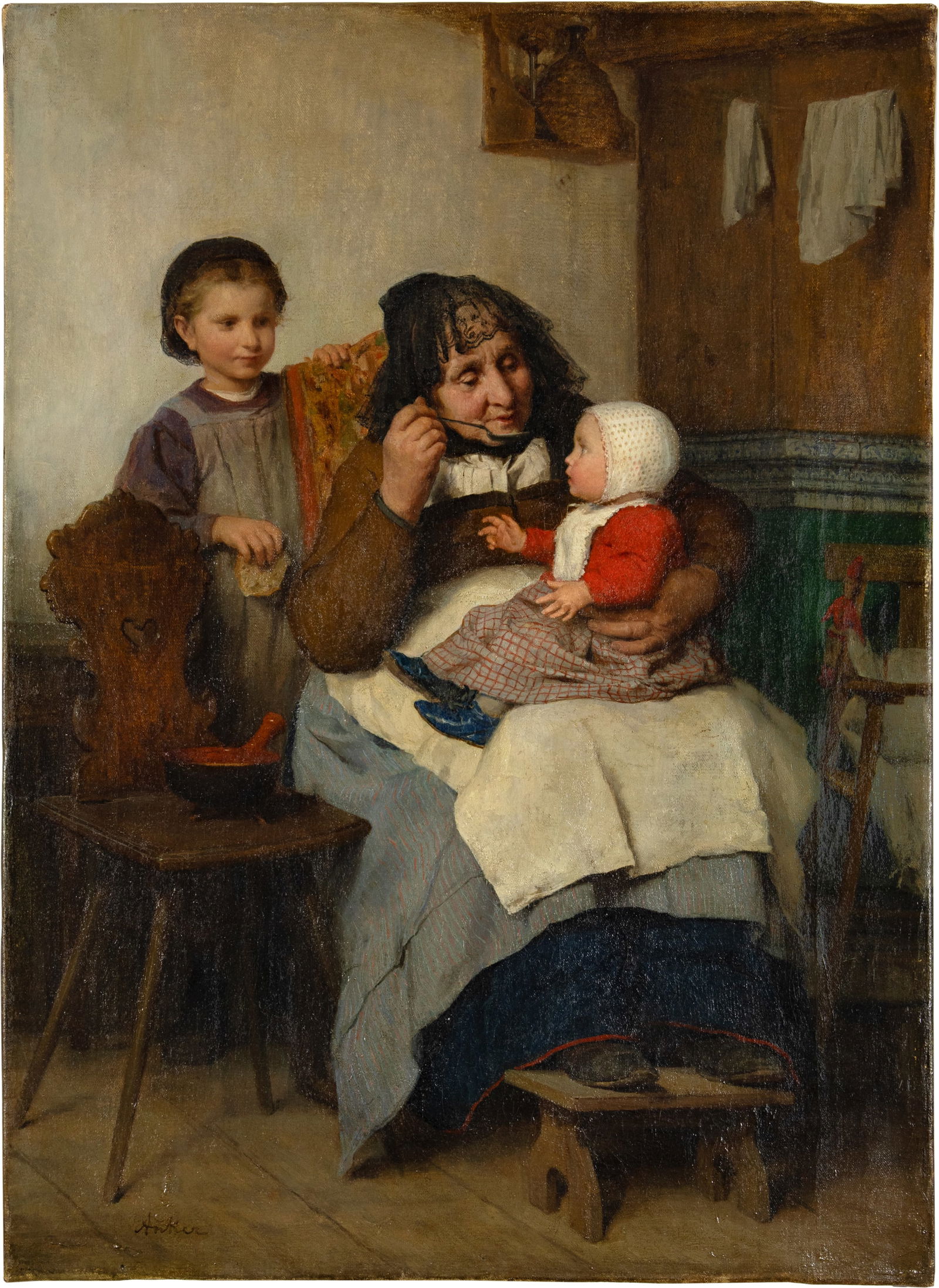 Albert Anker (1831 Ins 1910) Grossmutter, ihrem Enkelkind die Suppe gebend: Albert Anker (1831 Ins 1910) Grossmutter, ihrem Enkelkind die Suppe gebend 1868 Oil on canvas 54.5x39.5 cm Signature Lower left signed by the artist 'Anker' Catalogue Raisonné Sandor Kuthy/The