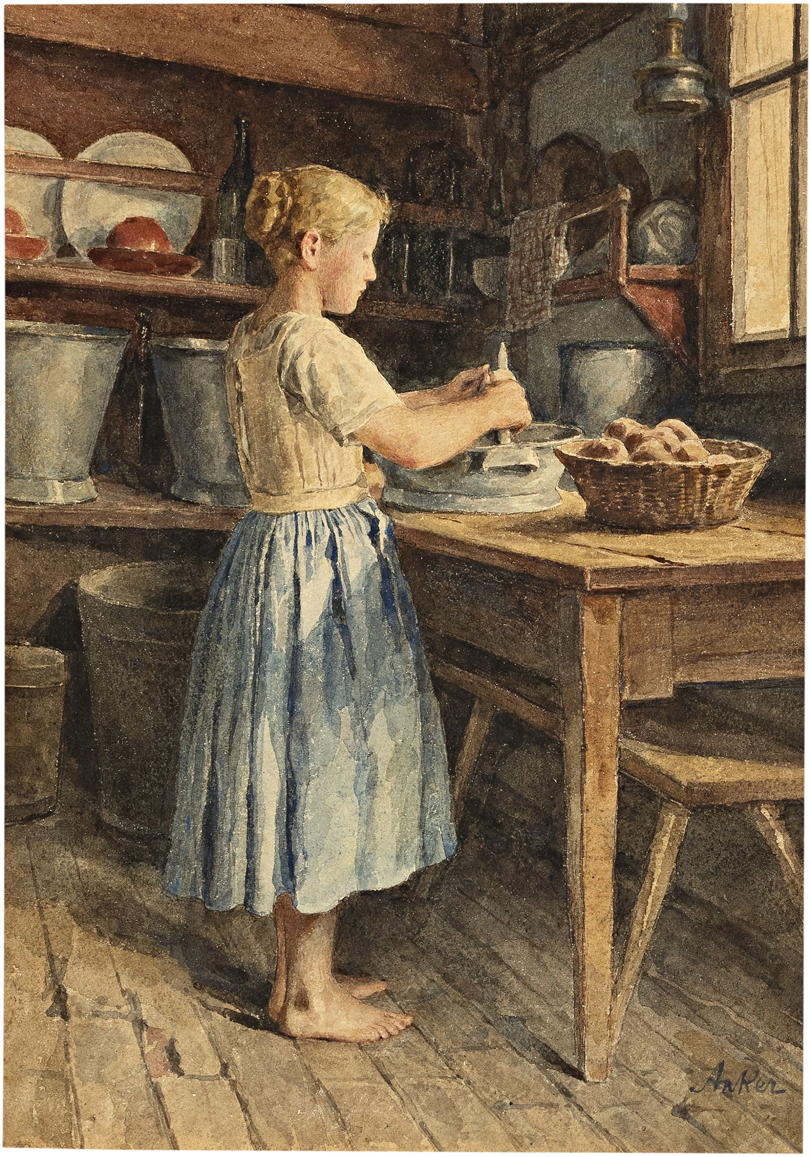 Albert Anker (1831 Ins 1910) Kartoffelschälendes Mädchen: Albert Anker (1831 Ins 1910) Kartoffelschälendes Mädchen Circa 1907 Watercolour on heavy watercolour paper 35x25 cm Signature Lower right signed by the artist 'Anker' Provenance Internati