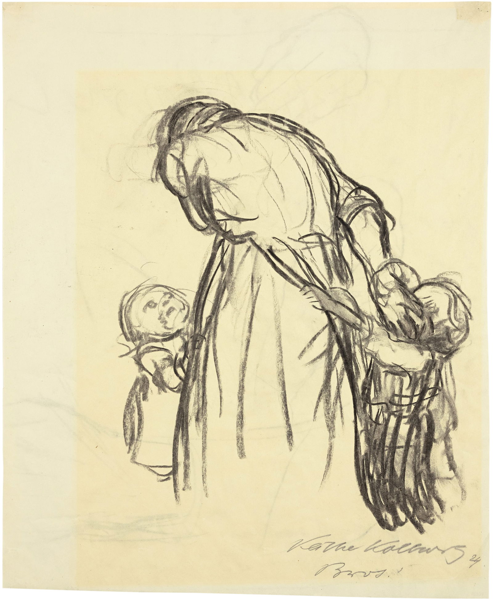 Käthe Kollwitz (Königsberg 1867 - 1945 Moritzburg) Mutter, von zwei Kindern umringt -: Käthe Kollwitz (Königsberg 1867 - 1945 Moritzburg) Mutter, von zwei Kindern umringt - Brot! 1924 Black charcoal on translucent paper 45.7x36.9 cm Signature Lower right signed, dated and titl