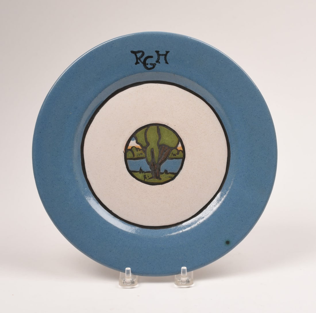 Saturday Evening Girls Dinner Plate: with Landscape Medallion. 5/8 inches high, 9 5/8 inches diameter. Sara Galner, S.E.G. / 9-21 / artist's cipher.