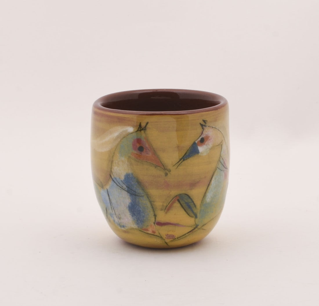 Polia Pillin Cup: decorated with two horses. 2 1/2 inches high, 2 1/2 inches diameter, marked Pillin
