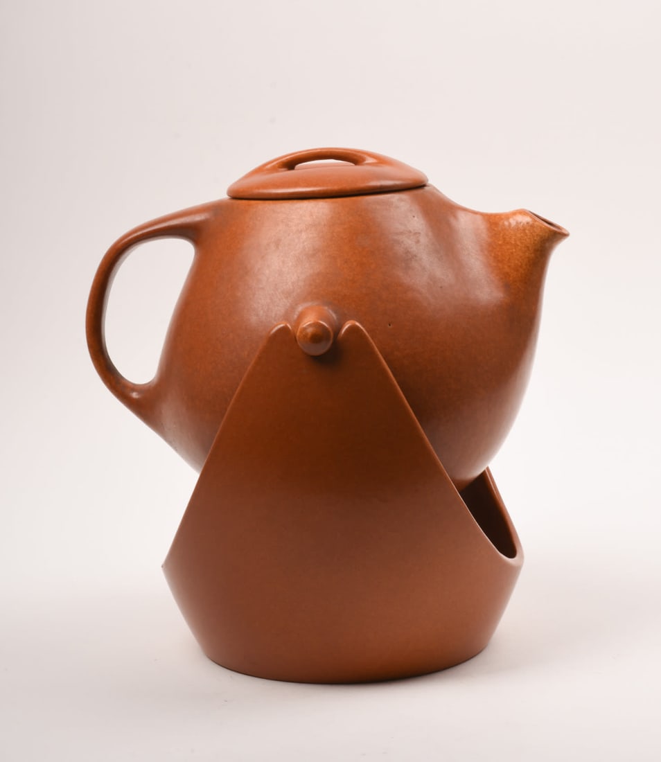 Roseville Raymor Terra Cotta Coffee Pot and Stand: 12 3/8 inches high, 11 1/2 inches wide, 10 3/4 inches deep, Marked Roseville Raymor USA 176