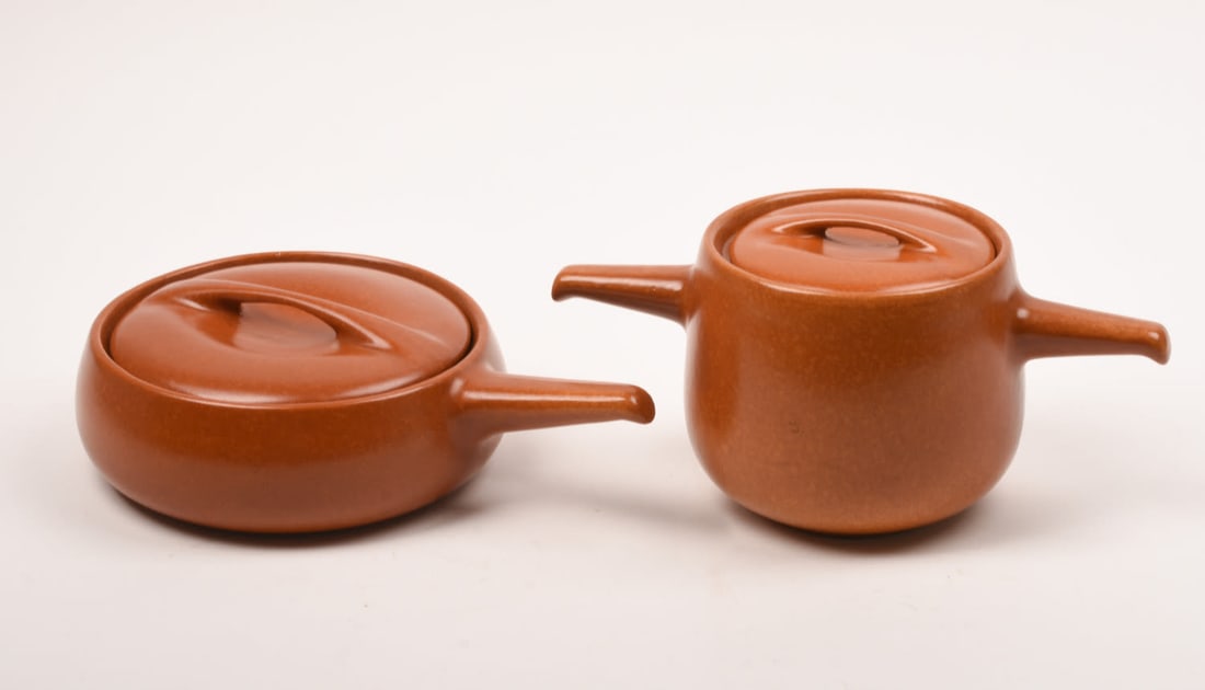 Two Roseville Raymor Terra Cotta Casseroles: one 198 casserole; one 194 casserole. Marked Roseville Raymor USA.