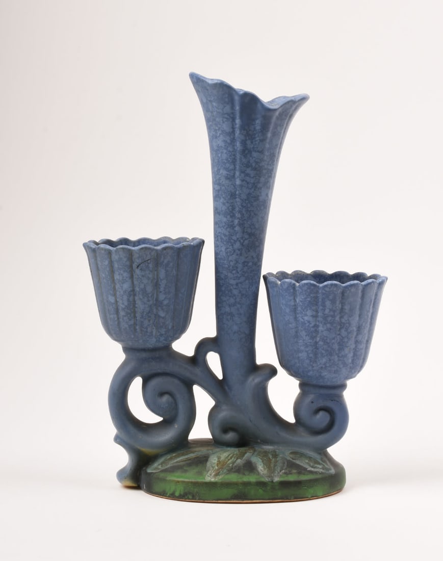 Weller Pottery Blue Sydonia Triple Vase: 11 1/2 inches high, 8 3/4 inches wide, 4 3/8 inches deep. Incised Weller Pottery mark
