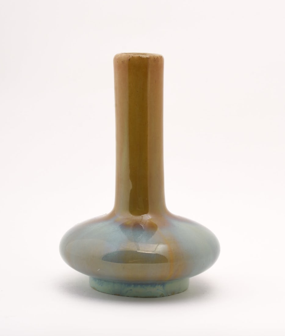 Fulper Pottery Vase: with light blue-green flowing glaze. 5 1/8 inches high, 3 3/4 inches diameter. Vertical Fulper black ink mark.