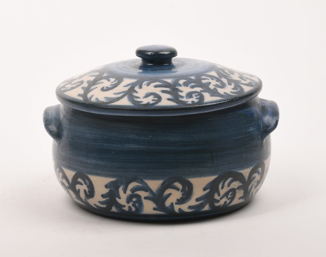 Dorchester Pottery Casserole: 7 3/4 inches high, 7 1/4 inches wide, 6 5/8 inches deep, marked Dorchester Pottery / CAH / N. Ricci
