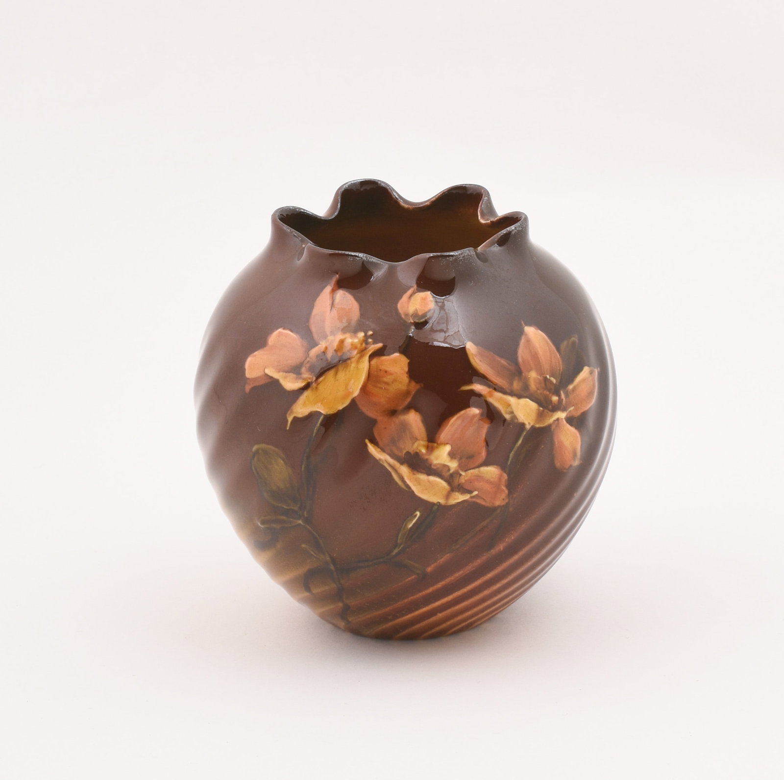Rookwood Pottery Standard Glaze Bowl: decorated with flowers. likely Artus Van Briggle, 1892, 3 1/2 inches high, 3 3/4 inches diameter, marked Rookwood flame mark/ F/G12/artist's monogram