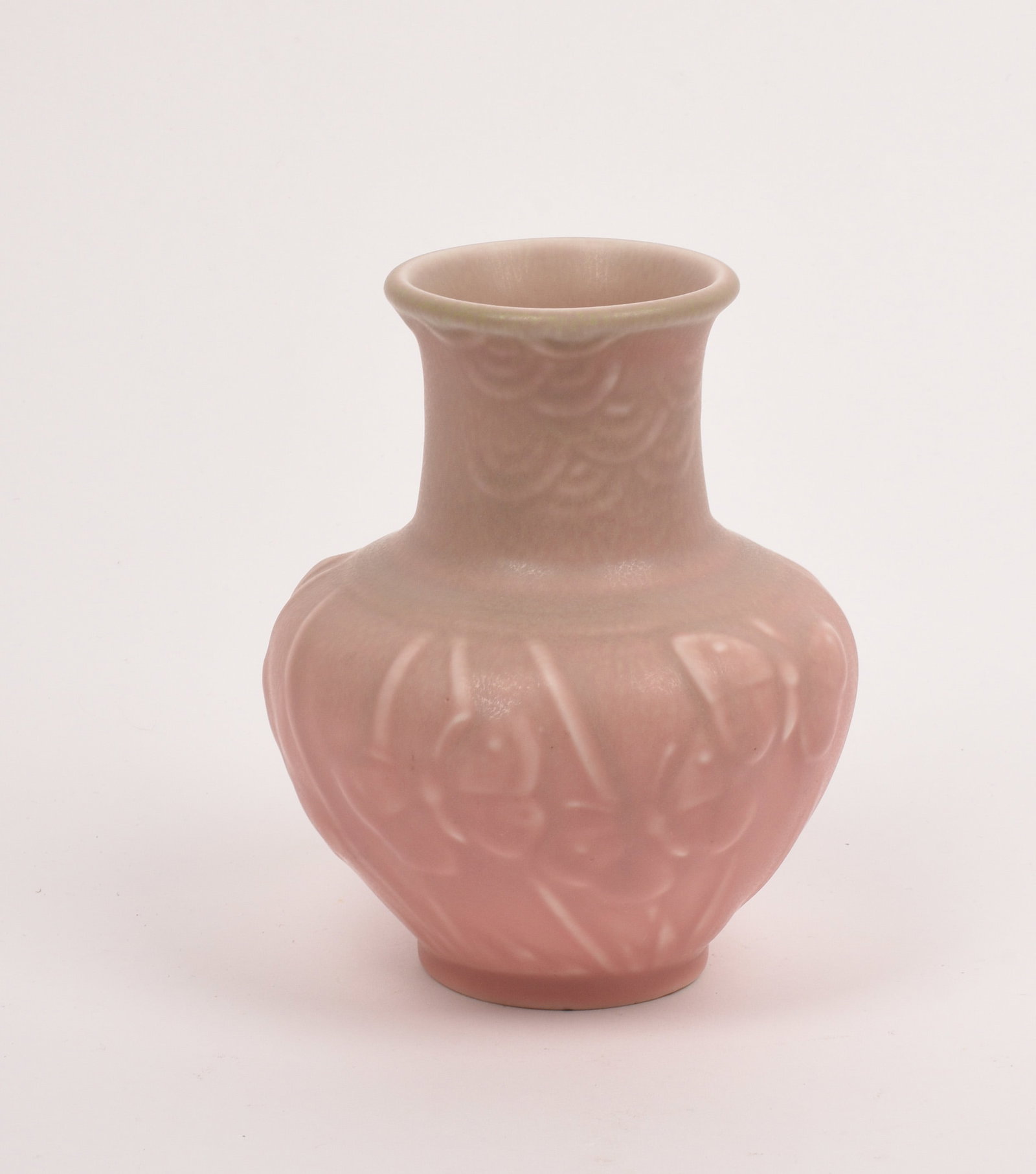 Rookwood Pottery Production Vase: decorated with a butterflies and covered in a matte pink glaze. 1936. 4 3/4 inches high, 4 inches diameter. Impressed Rookwood Pottery Flame mark, XXXVI/6457.