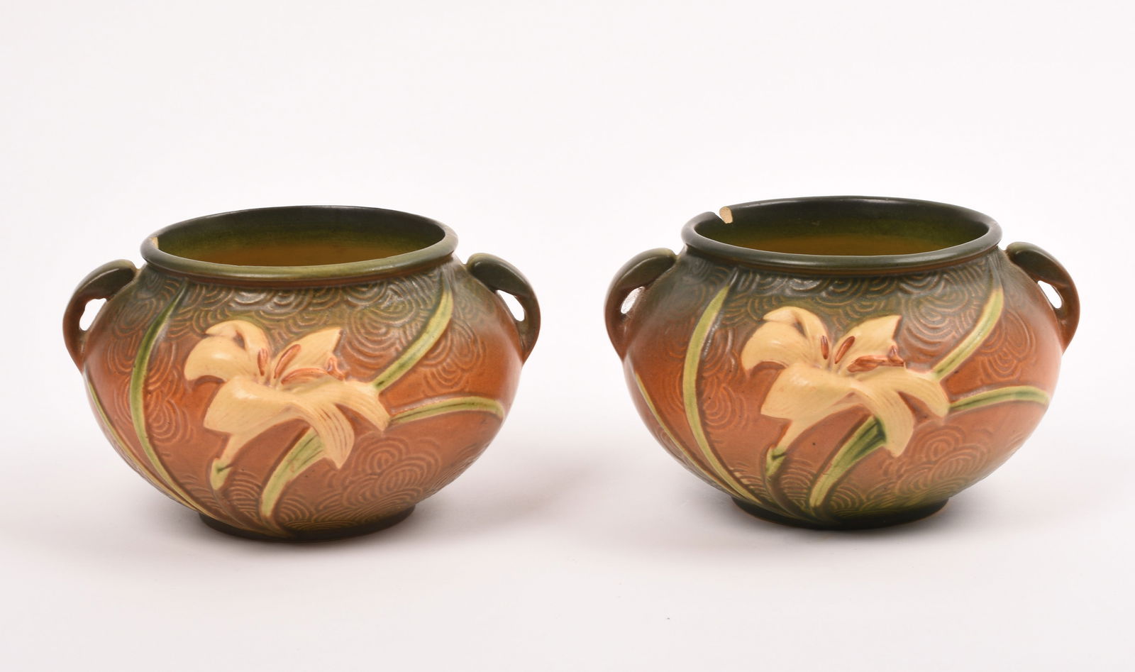 Two Roseville Pottery Brown Zephyr Lily Jardinieres (1 of 7)