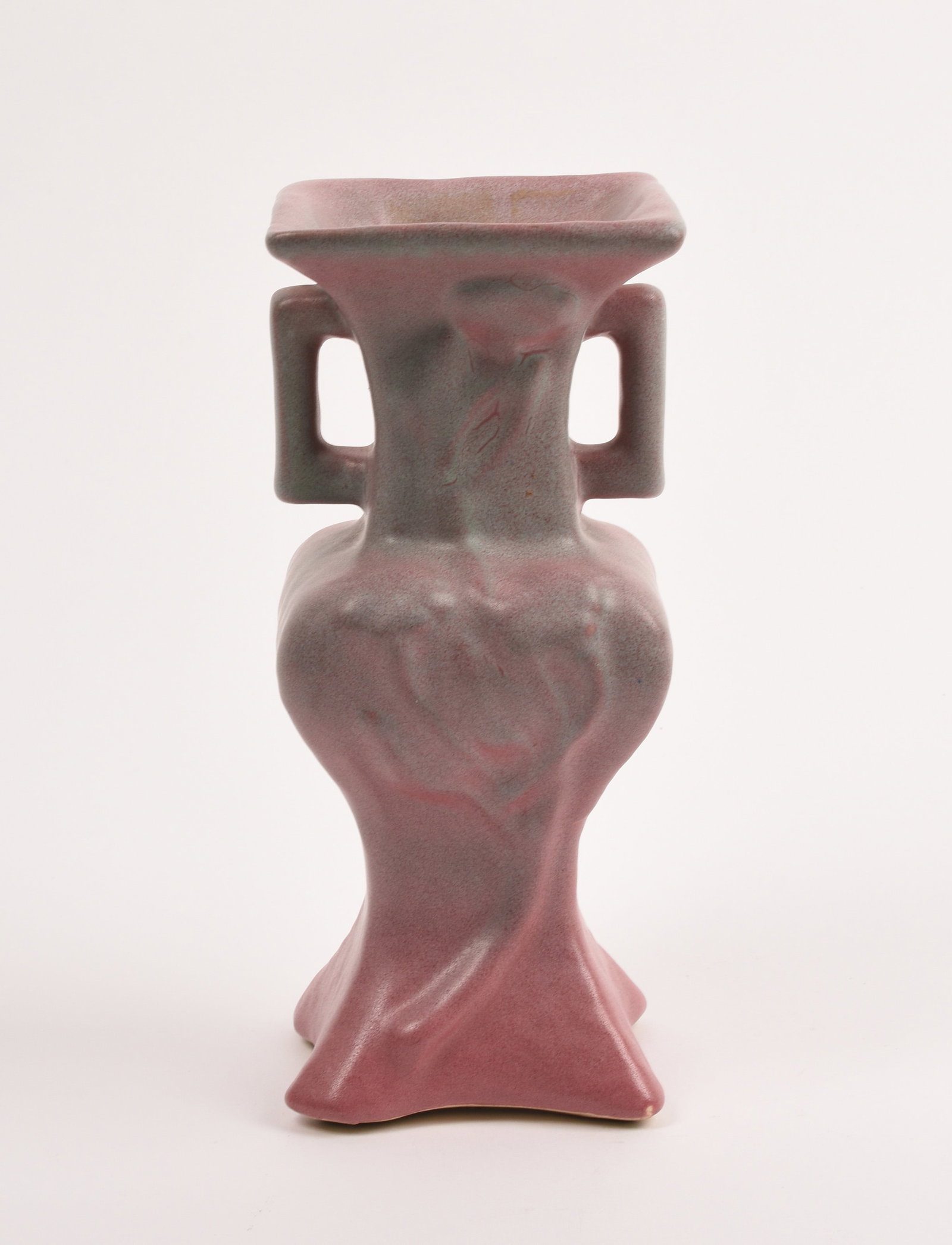 Muncie Vase: covered in a mauve and grey-green glaze. 8 inches high, 3 5/8 inches square, unmarked. Attributed to Muncie.