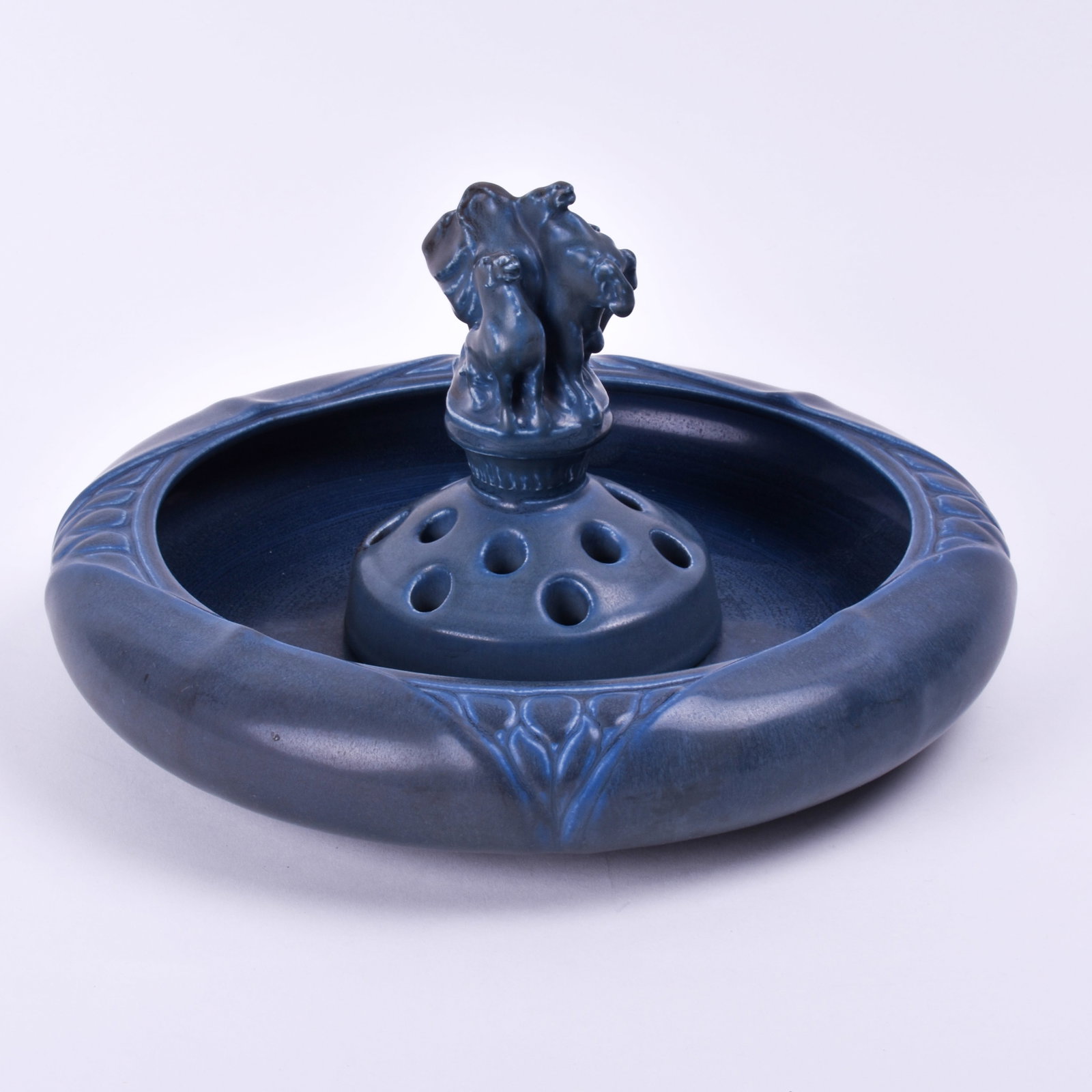 Rookwood Production Bowl & Flower Frog: covered in a speckled blue glaze. 2 1/4 inches high, 11 3/4 inches diameter, 1921, impressed Rookwood flame mark, XXI, 2529.