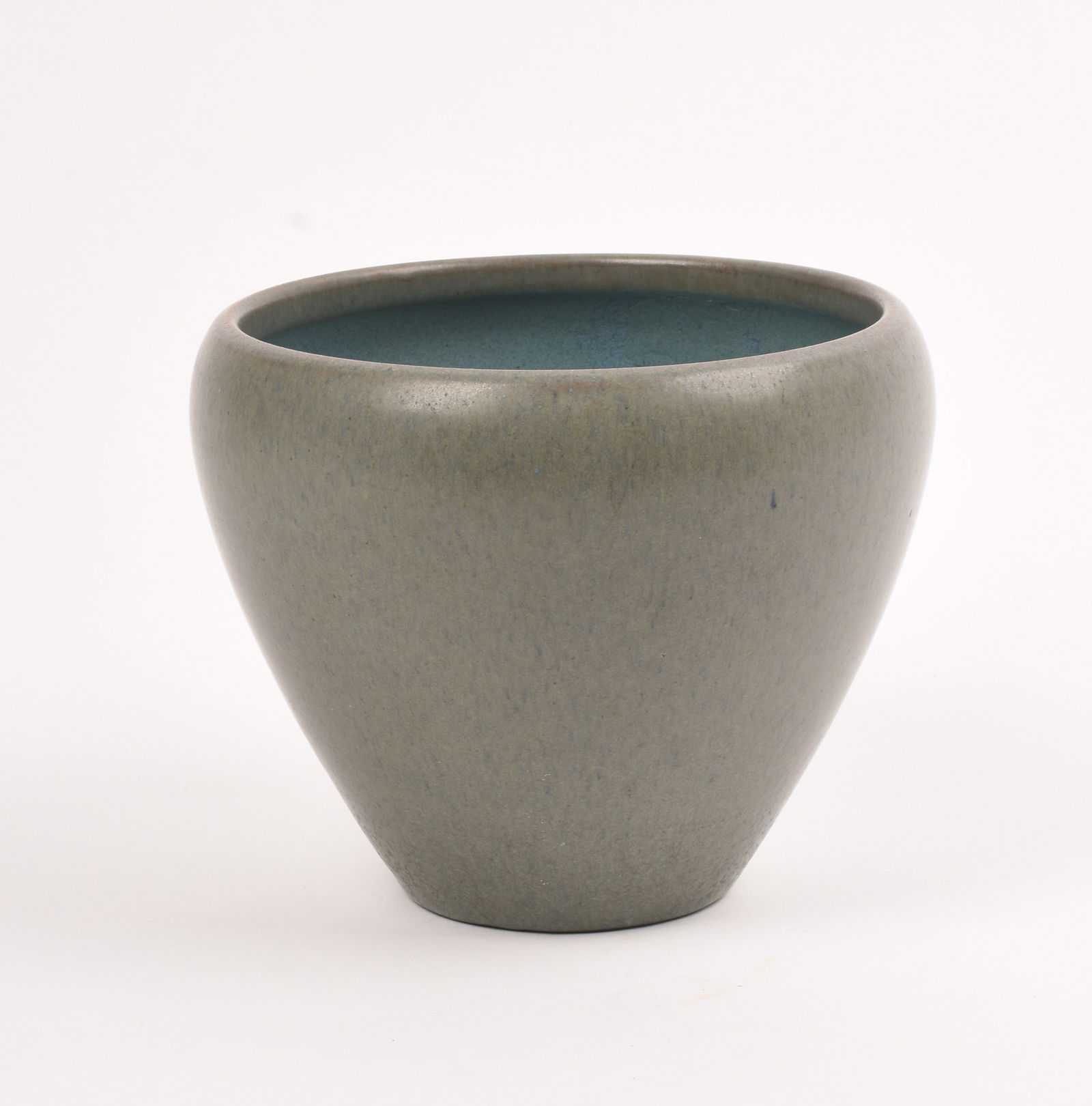 Marblehead Pottery Vase: covered with a grey glaze. 4 inches high, 5 1/4 inches diameter, impressed ship mark.