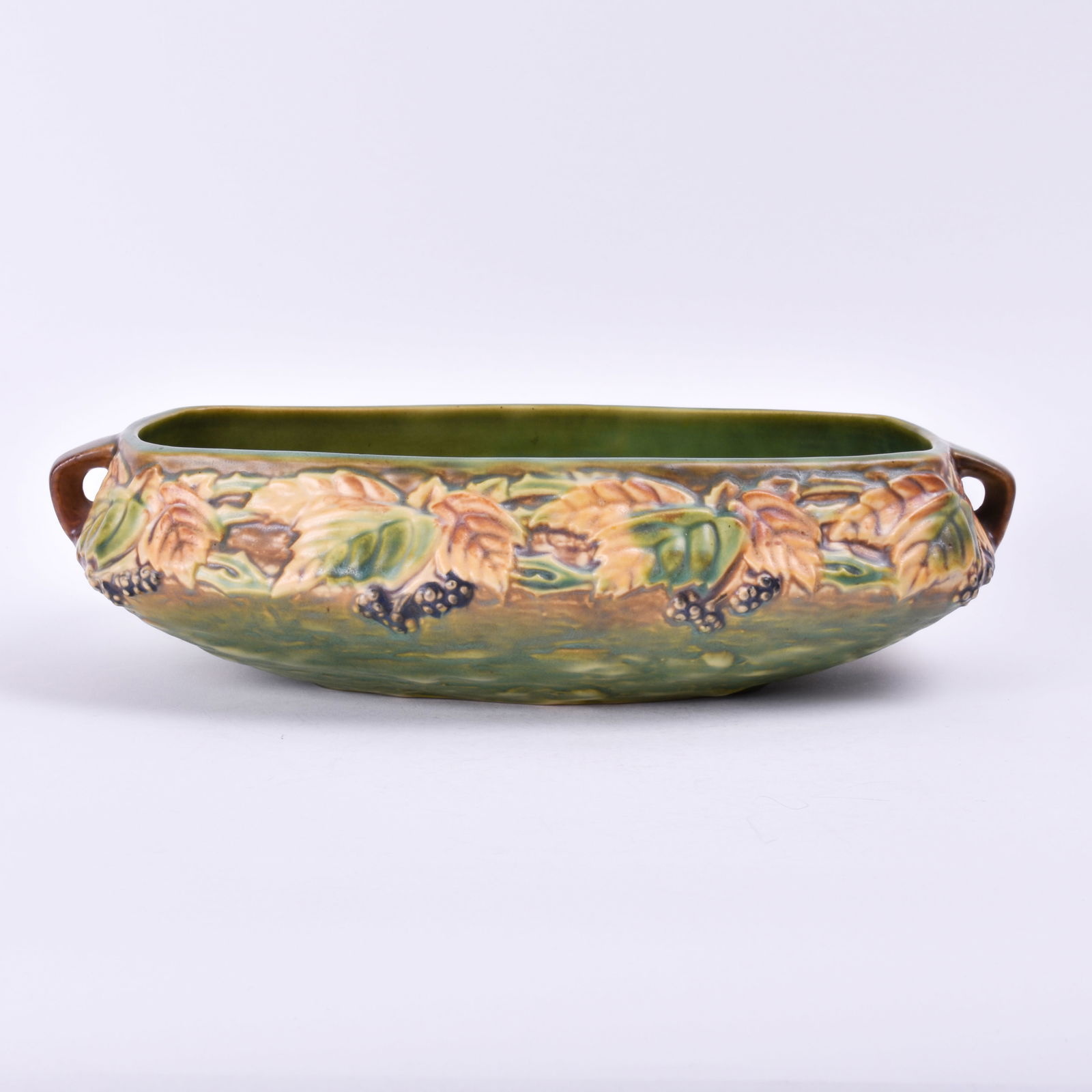 Roseville Pottery Blackberry Console Bowl: 3 1/2 inches high, 13 1/8 inches wide, 7 3/4 inches deep, unmarked, 228-10