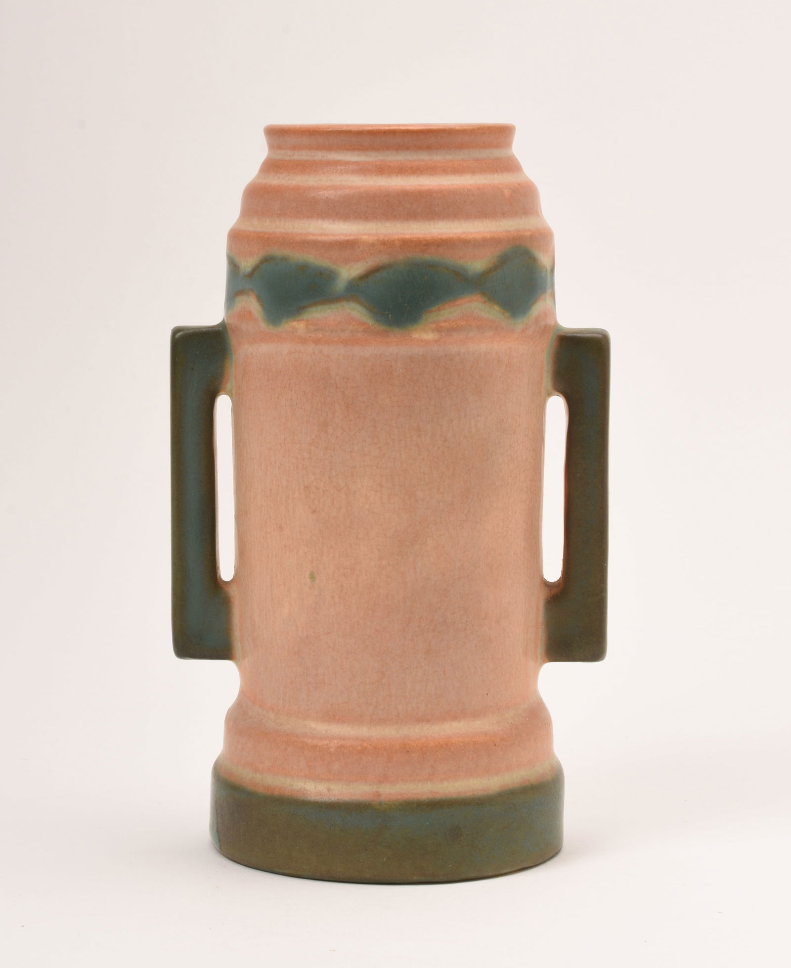 Roseville Pottery Futura Beer Mug Vase: 6 1/8 inches high, 3 11/16 inches wide, 3 inches deep, unmarked, 381-6