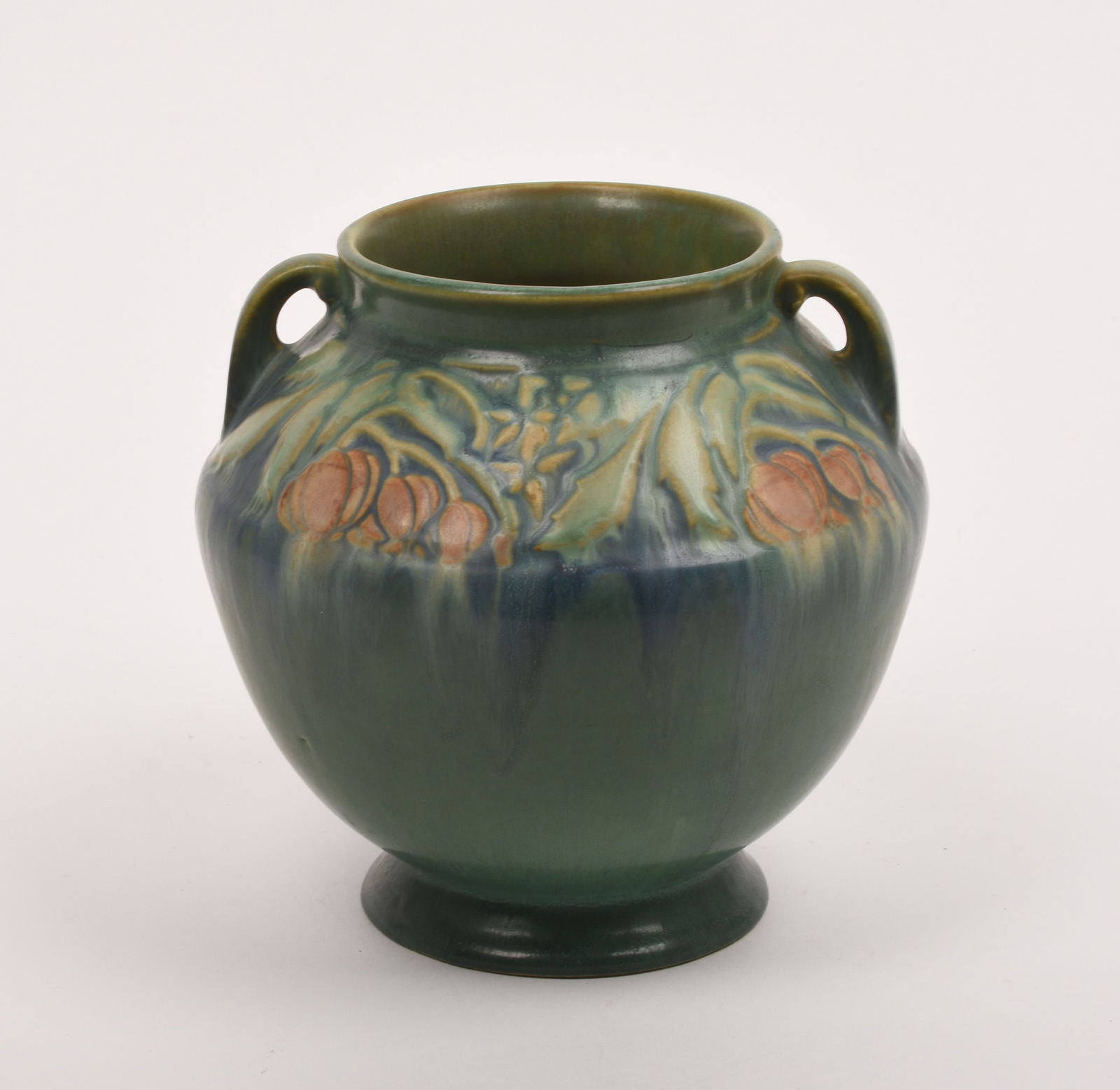 Roseville Pottery Green Baneda Vase: 6 1/8 inches high, 6 3/8 inches diameter. marked 591 in orange, along with blue and pencil markings.