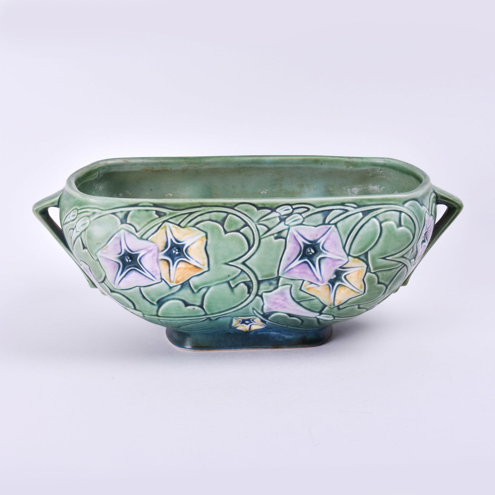 Roseville Pottery Green Morning Glory Console Bowl: 4 inches high, 13 1/8 inches wide, 6 3/4 inches deep, unmarked, 271-10-5-5.