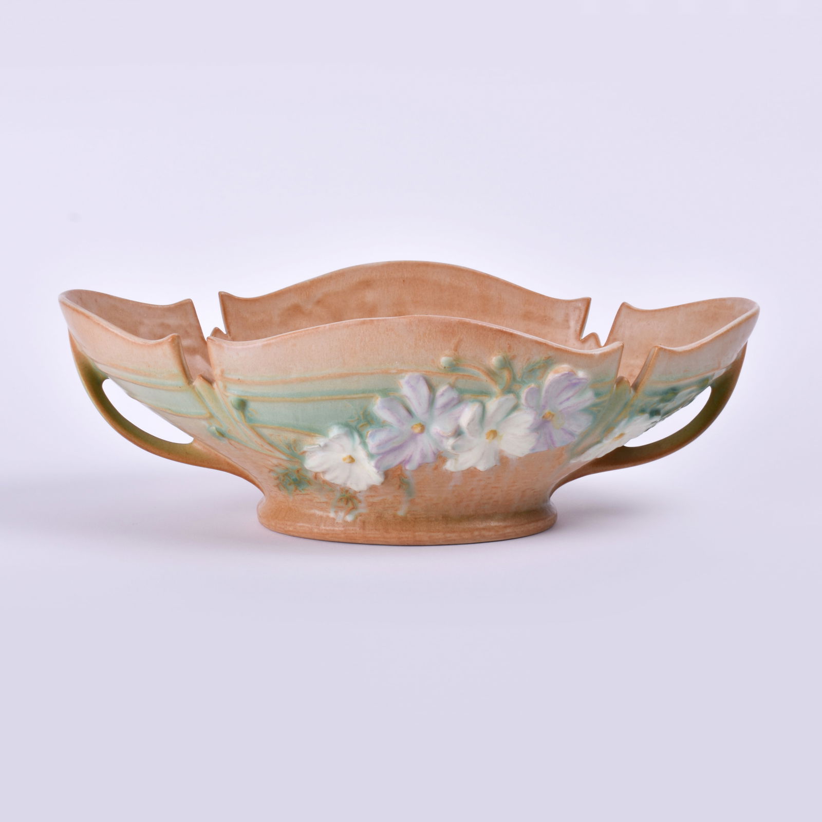 Roseville Pottery Brown Cosmos Bowl: 5 1/8 inches high, 15 1/4 inches wide, 8 1/8 inches deep, marked Roseville, USA 374-14.