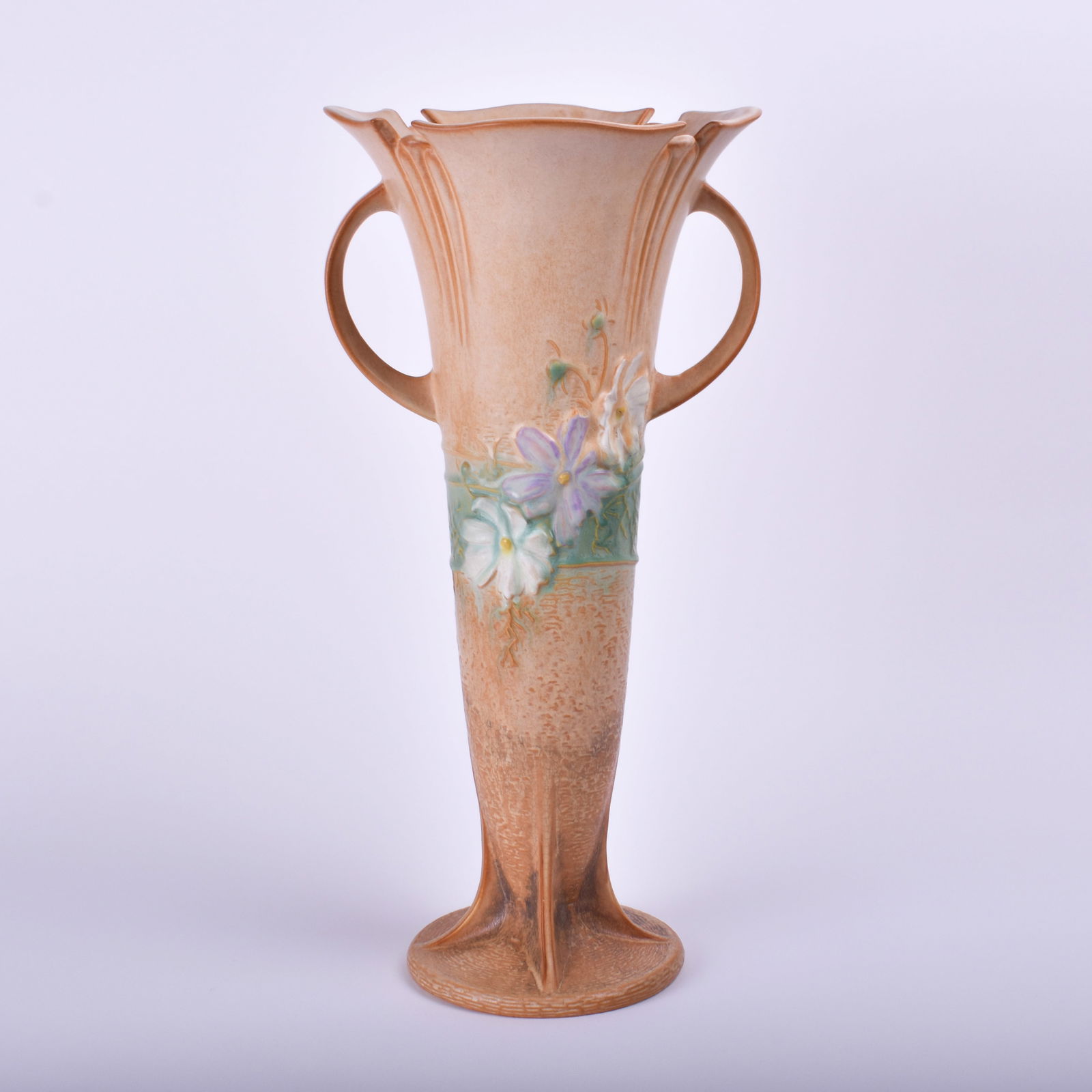 Roseville Pottery Brown Cosmos Vase: 18 3/8 inches high, 9 inches wide, 9 1/4 inches deep, marked Roseville, USA 958-18.