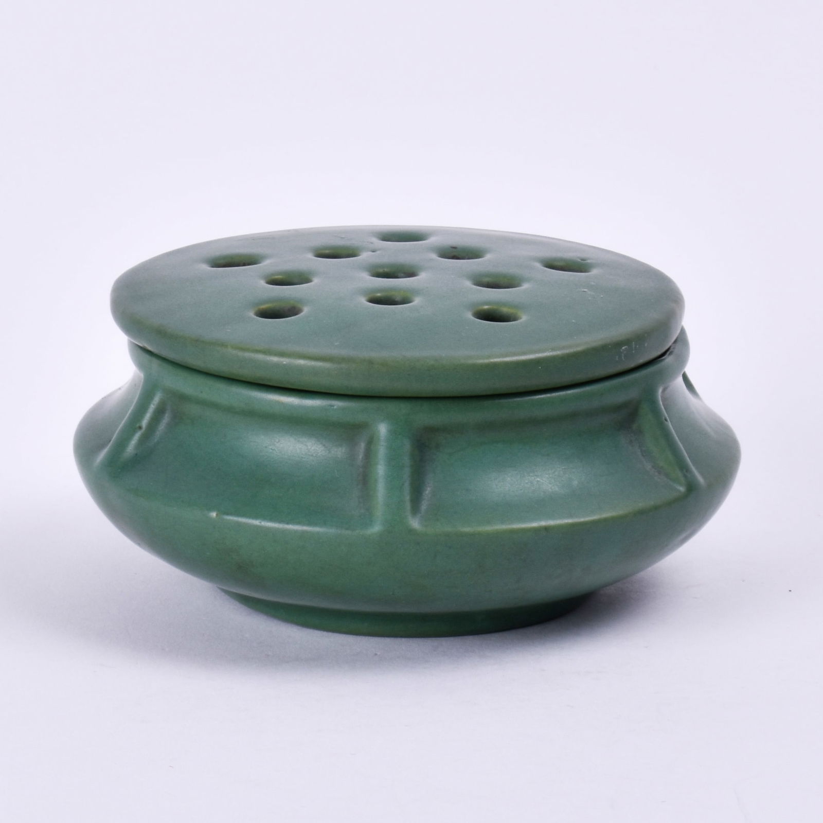 Roseville Pottery Matte Green Flower Bowl: 2 1/4 inches high, 5 1/4 inches diameter, unmarked.