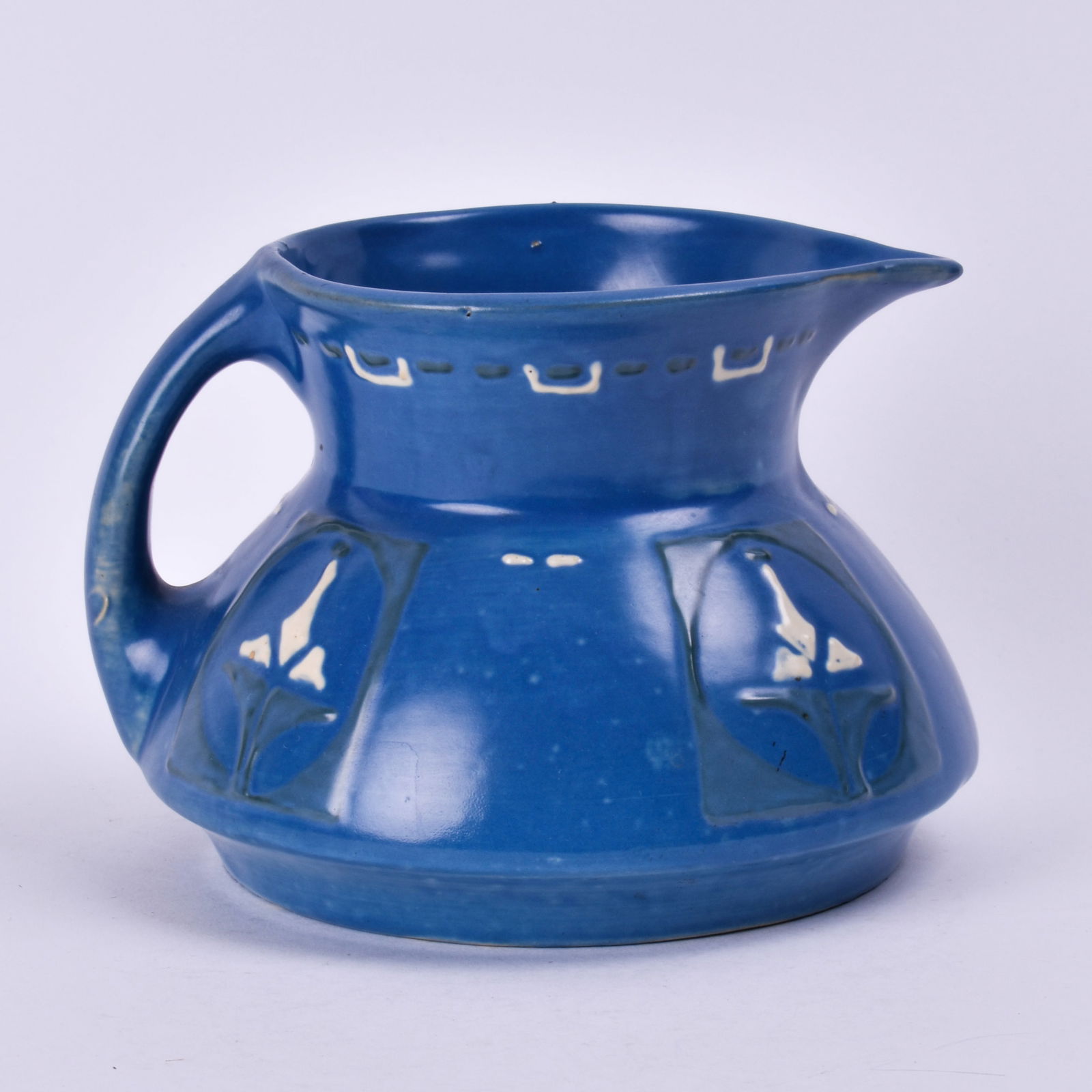 Roseville Pottery Aztec Pitcher with blue glaze and geometric decoration. (1 of 6)
