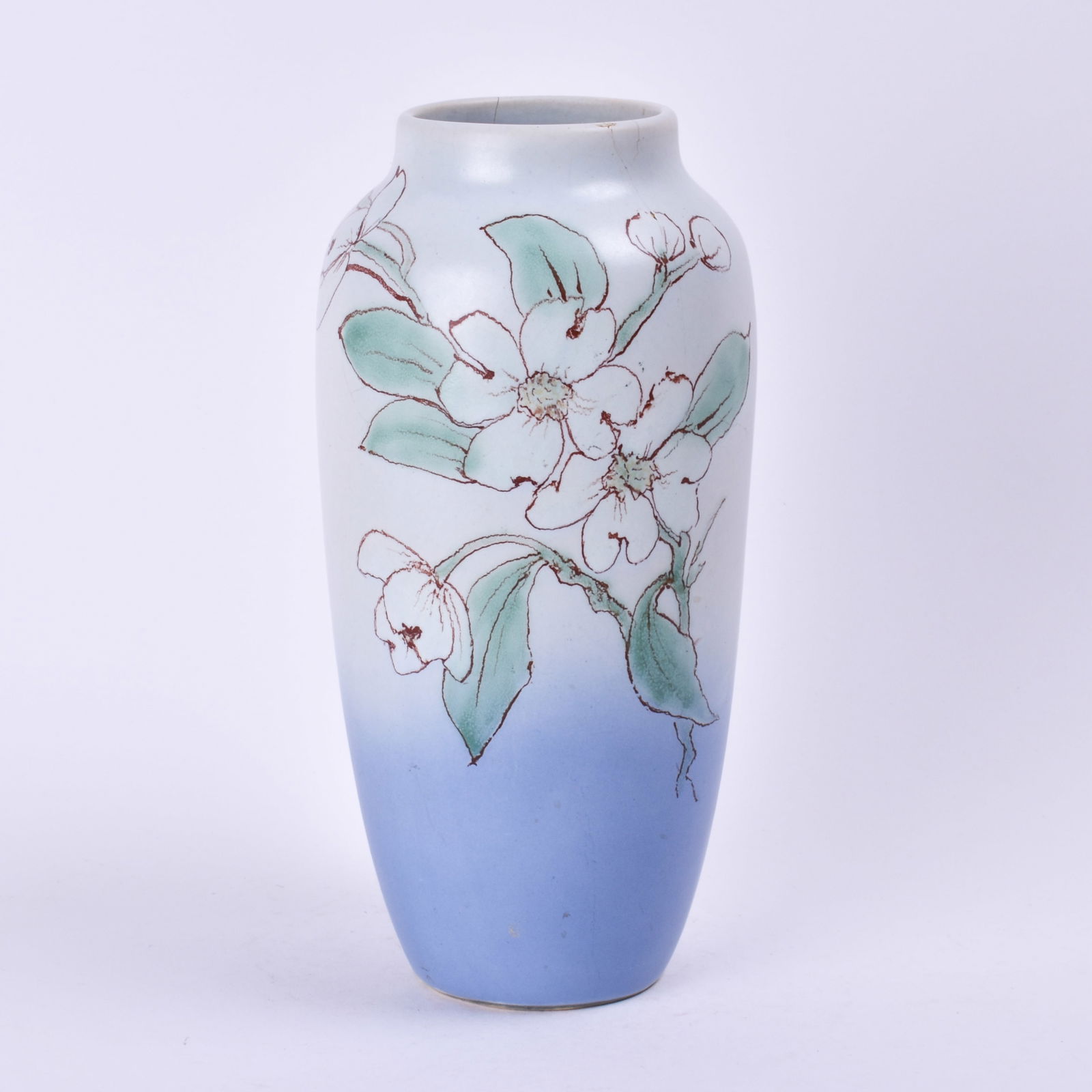Weller Pottery Floral Hudson Vase: 9 7/8 inches high, 4 7/8 inches diameter, incised Weller, artist's initial "HP" for Hester Pillsbury.