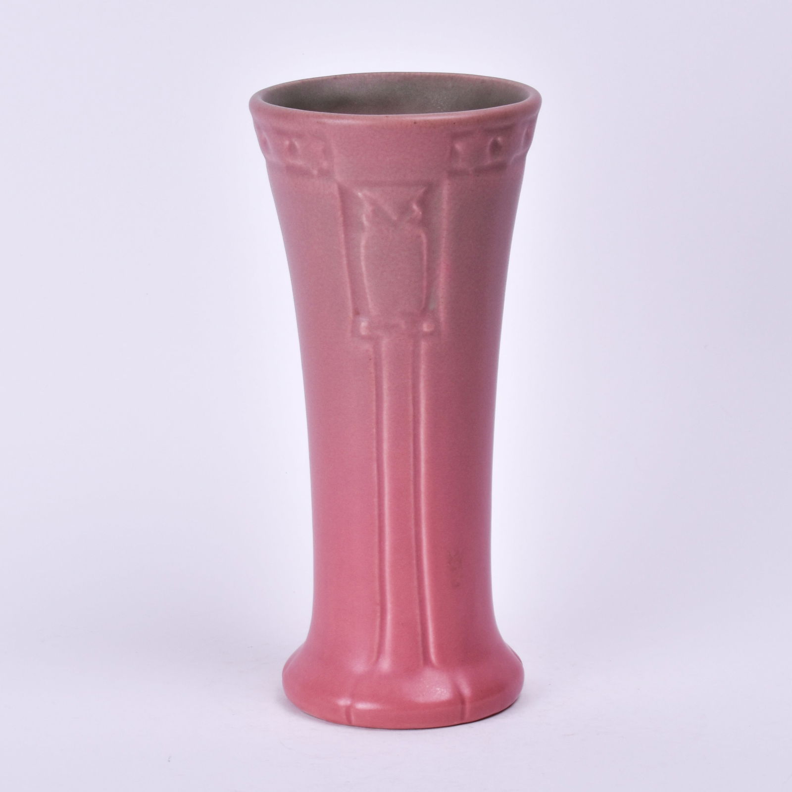 Rookwood Pottery Production Vase: decorated with owls and covered in a pink glaze. 8 1/2 inches high, 4 inches diameter, 1920, impressed Rookwood flame mark, XX/2316.