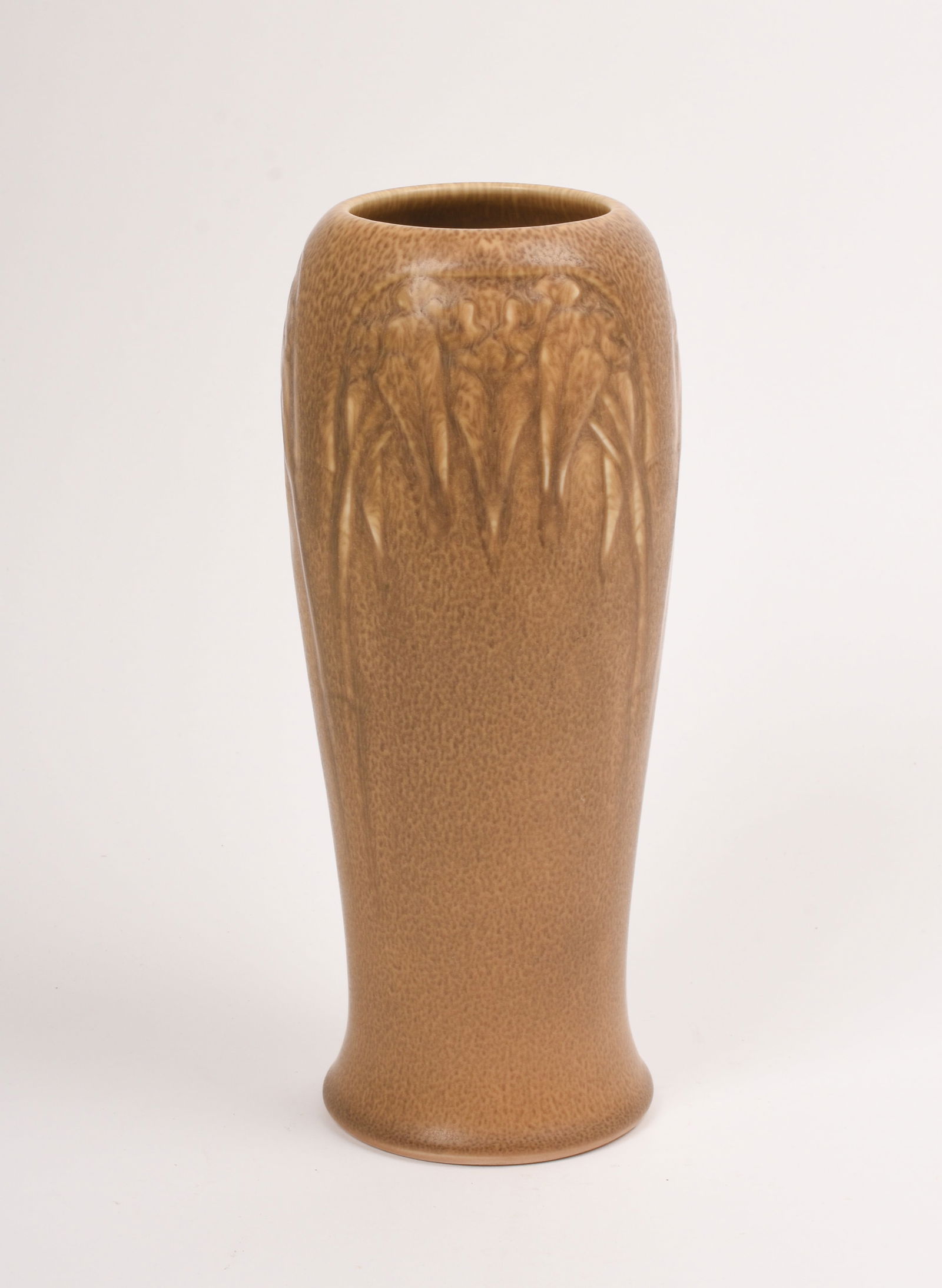 Rookwood Pottery Production Vase: with embossed trees covered in a speckled matte brown glaze. 1920. 9 7/8 inch high, 4 1/4 inches diameter. Impressed Rookwood Pottery Flame mark, XX/2480.