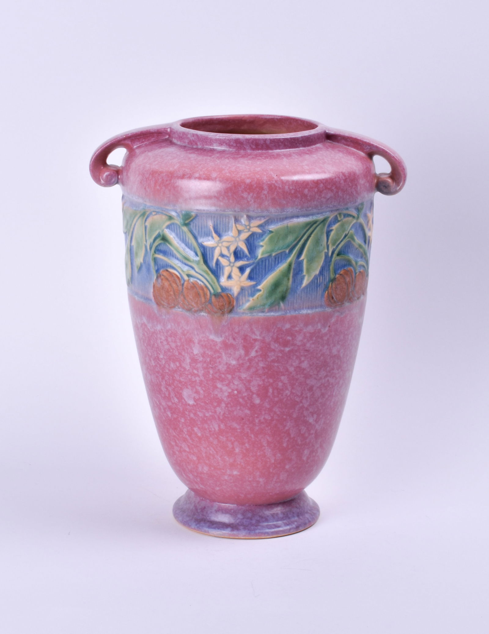 Roseville Pottery Pink Baneda Vase: 12 1/4 inches high, 9 1/2 inches wide, 7 5/8 inches deep, unmarked, 599-12