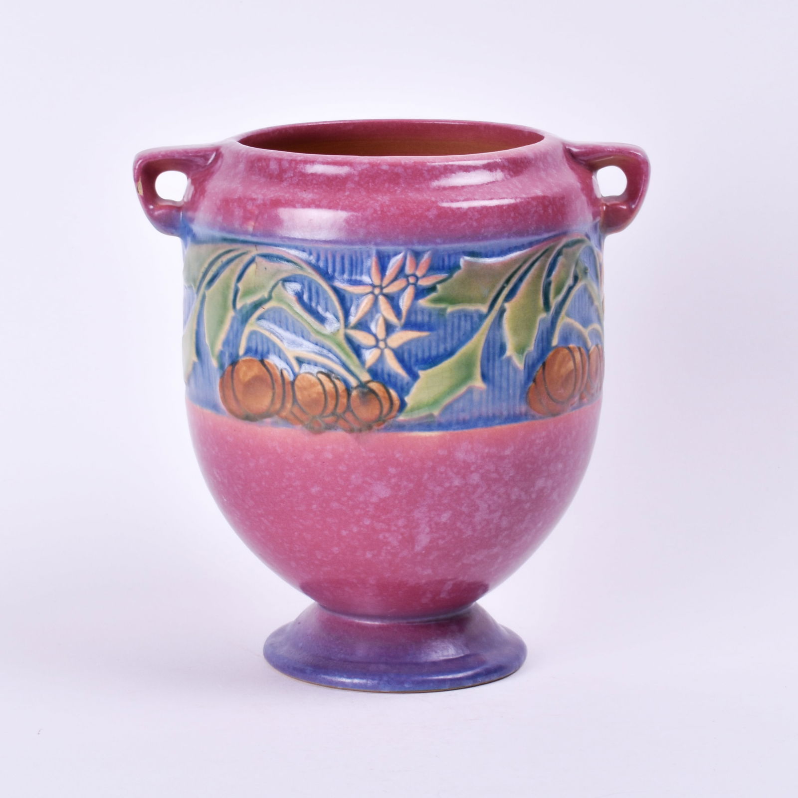 Roseville Pottery Pink Baneda Vase: 7 inches high, 6 7/8 inches wide, 5 3/4 inches deep, unmarked, 606-7
