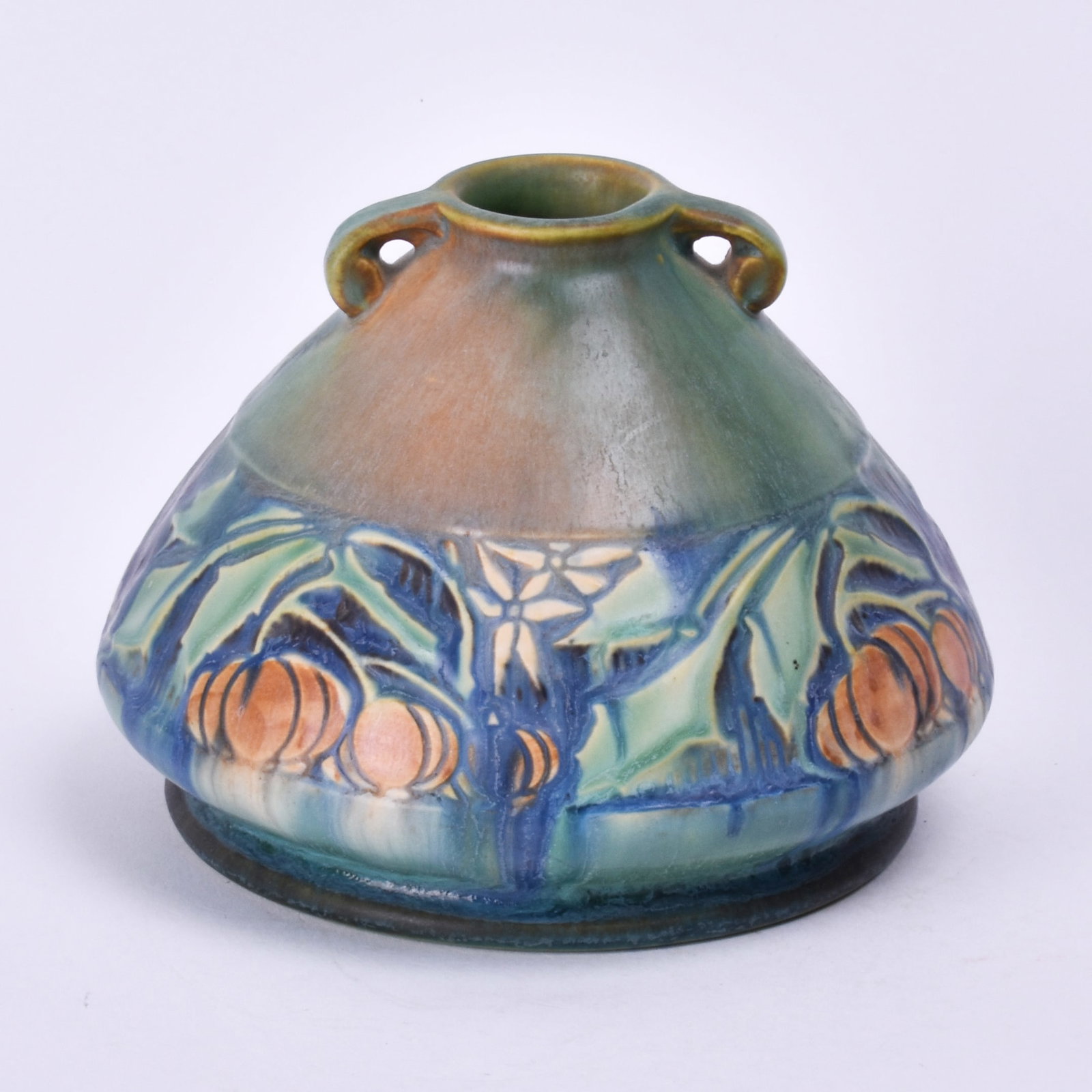 Roseville Green Baneda Vase: 4 1/8 inches high, 5 3/4 inches diameter, black paper Roseville label.