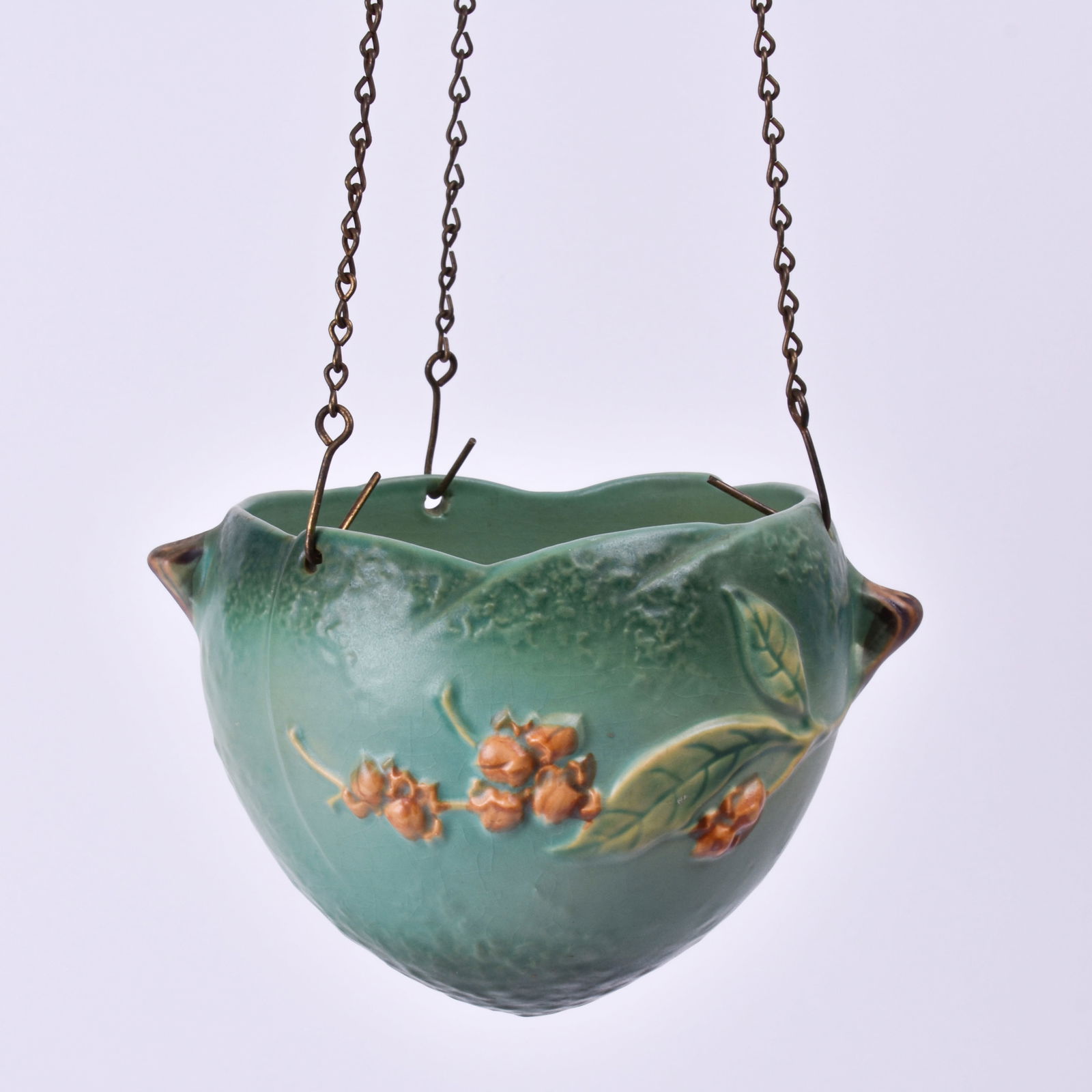 Roseville Pottery Green Bittersweet Hanging Basket: 5 1/4 inches high, 7 1/2 inches wide, 6 3/8 inches deep, marked U.S.A. 808-6.