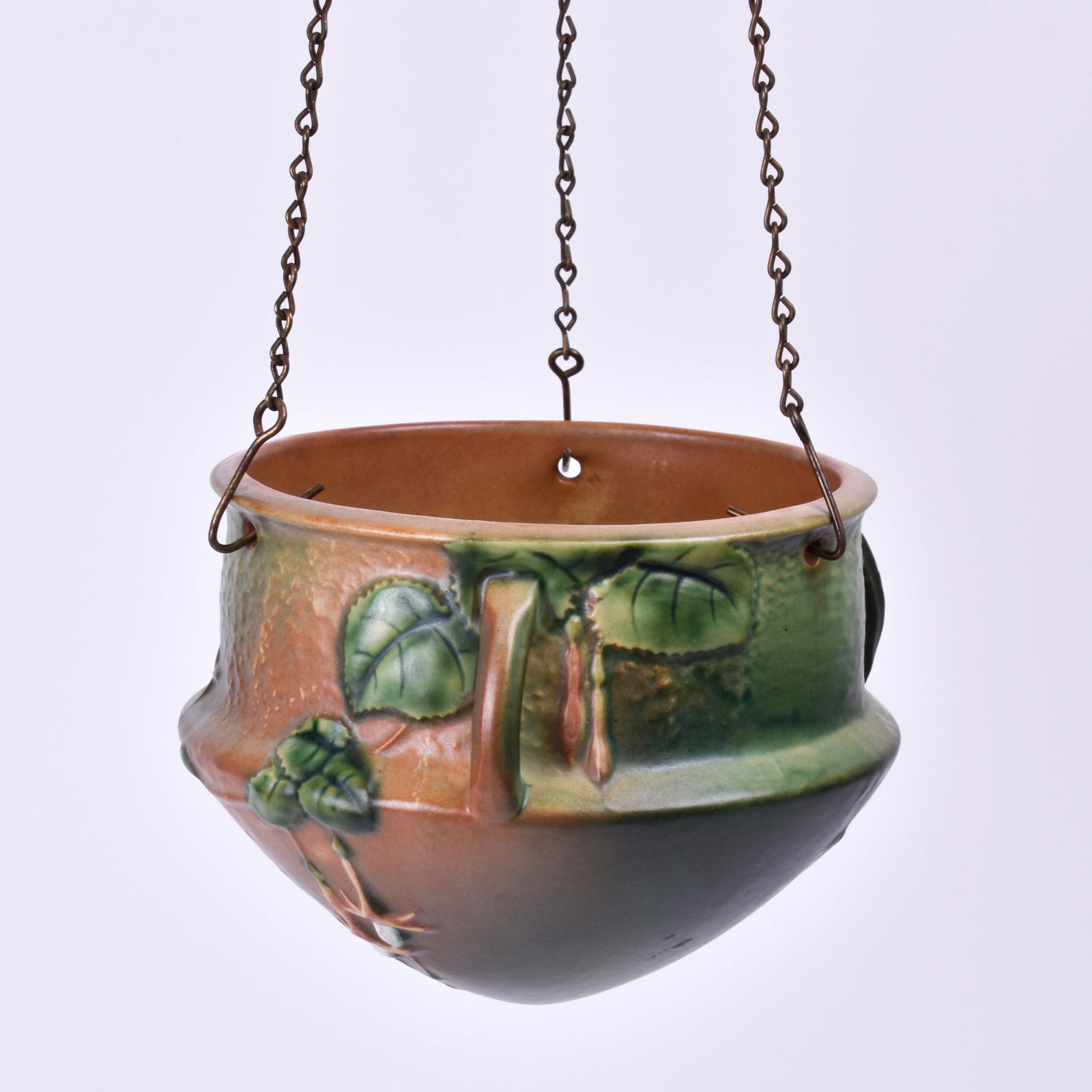 Roseville Pottery Green Fuchsia Hanging Basket: 5 3/8 inches high, 6 3/4 inches diameter, unmarked, 359-5.